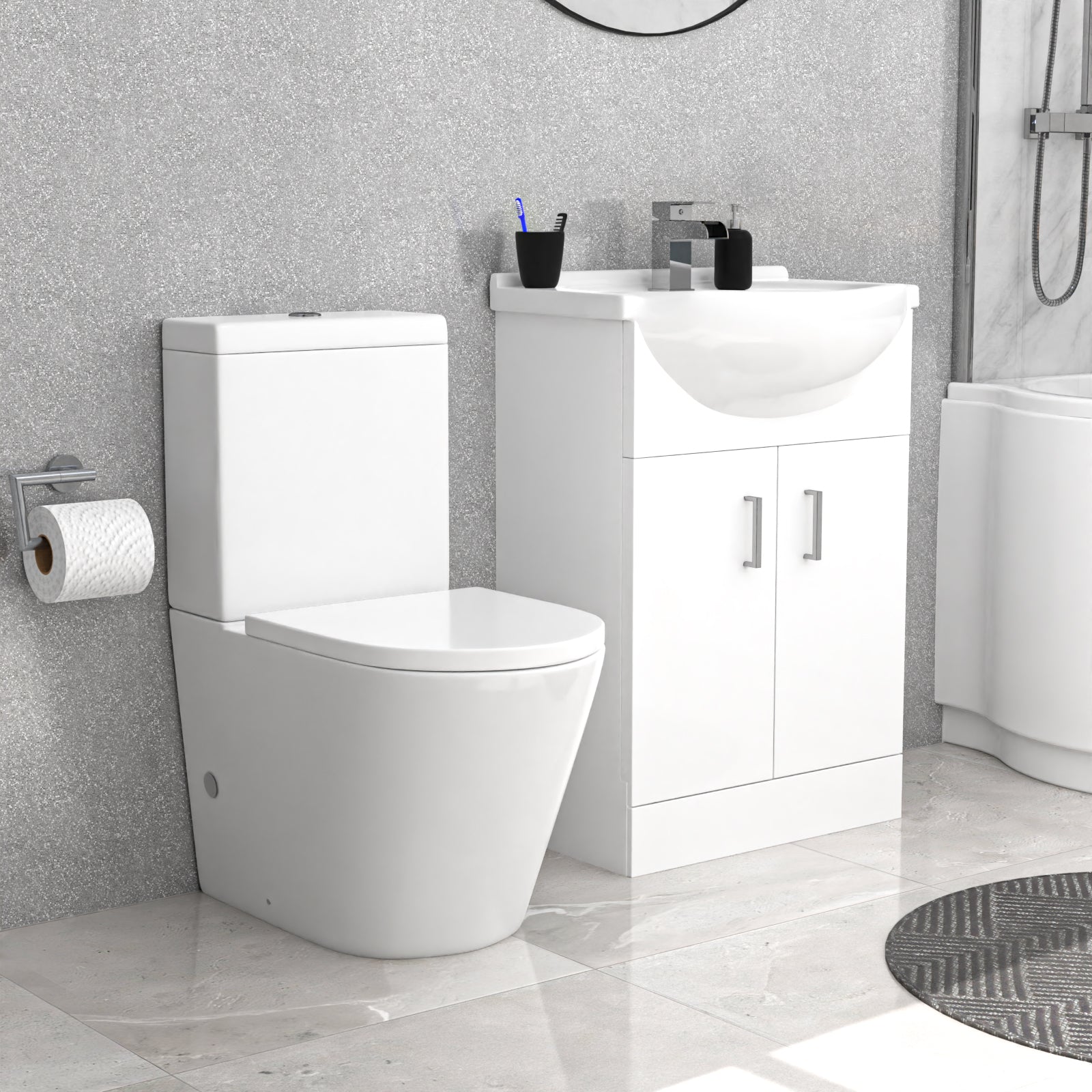 Ellen Left Hand P-Shaped Bath With Screen, Basin Vanity Unit & Close Coupled Toilet