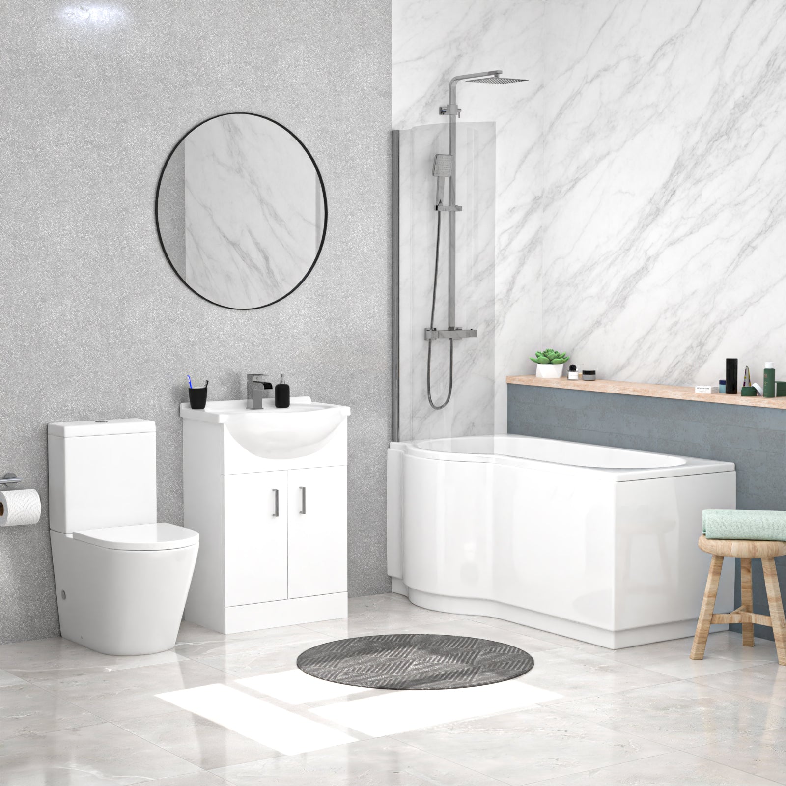 Ellen Left Hand P-Shaped Bath With Screen, Basin Vanity Unit & Close Coupled Toilet