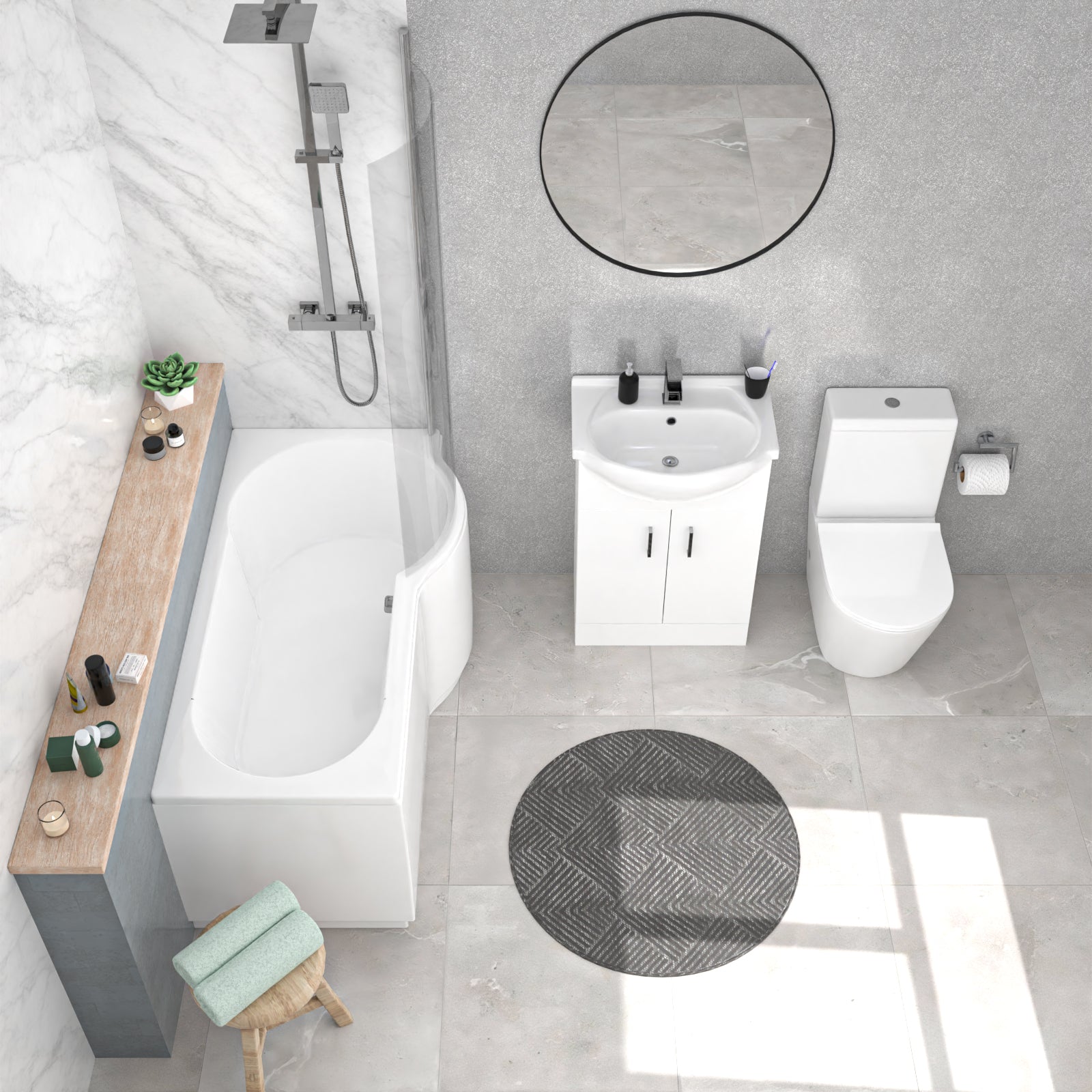 Ellen Right Hand P-Shaped Bath With Screen, Basin Vanity Unit & Close Coupled Toilet