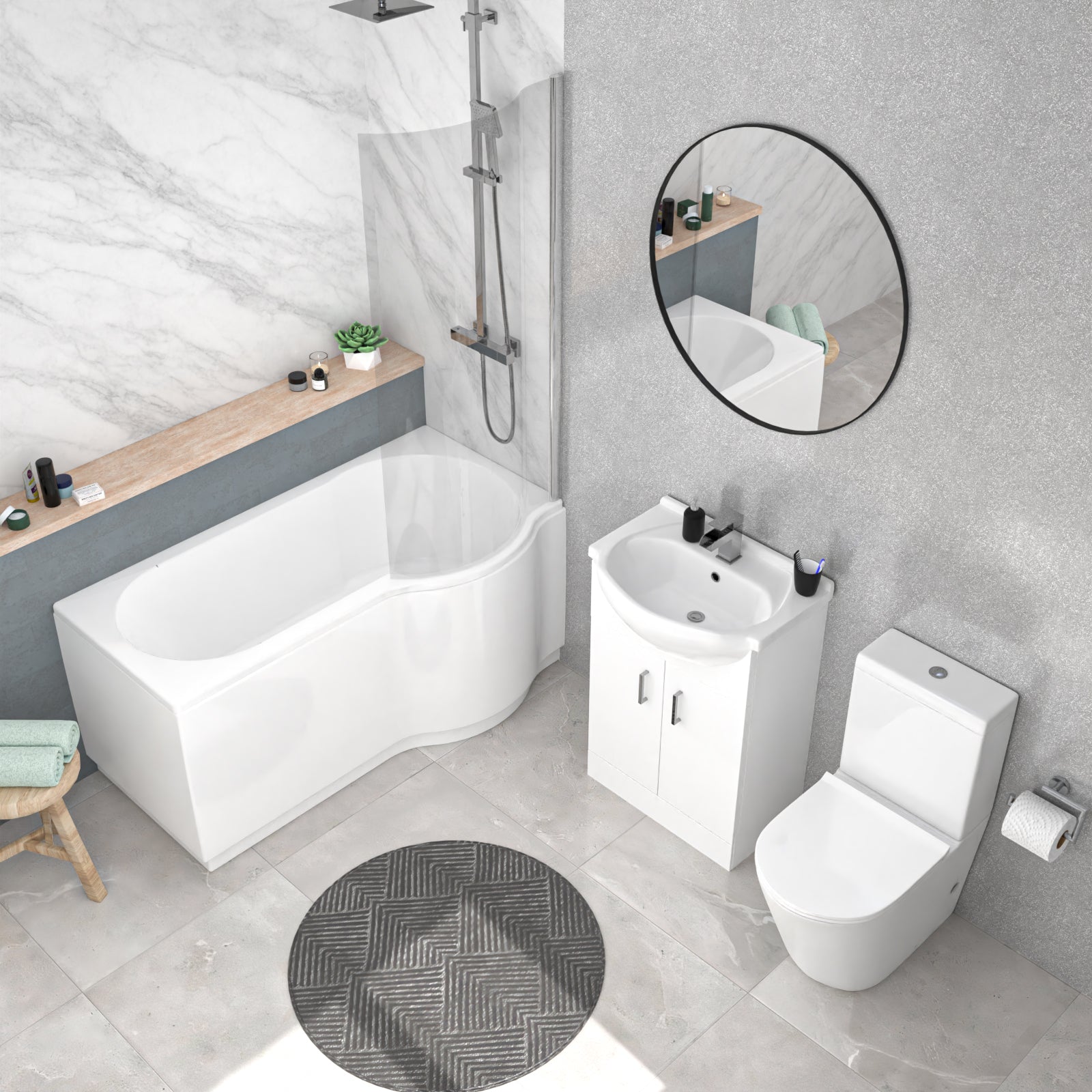 Ellen Right Hand P-Shaped Bath With Screen, Basin Vanity Unit & Close Coupled Toilet