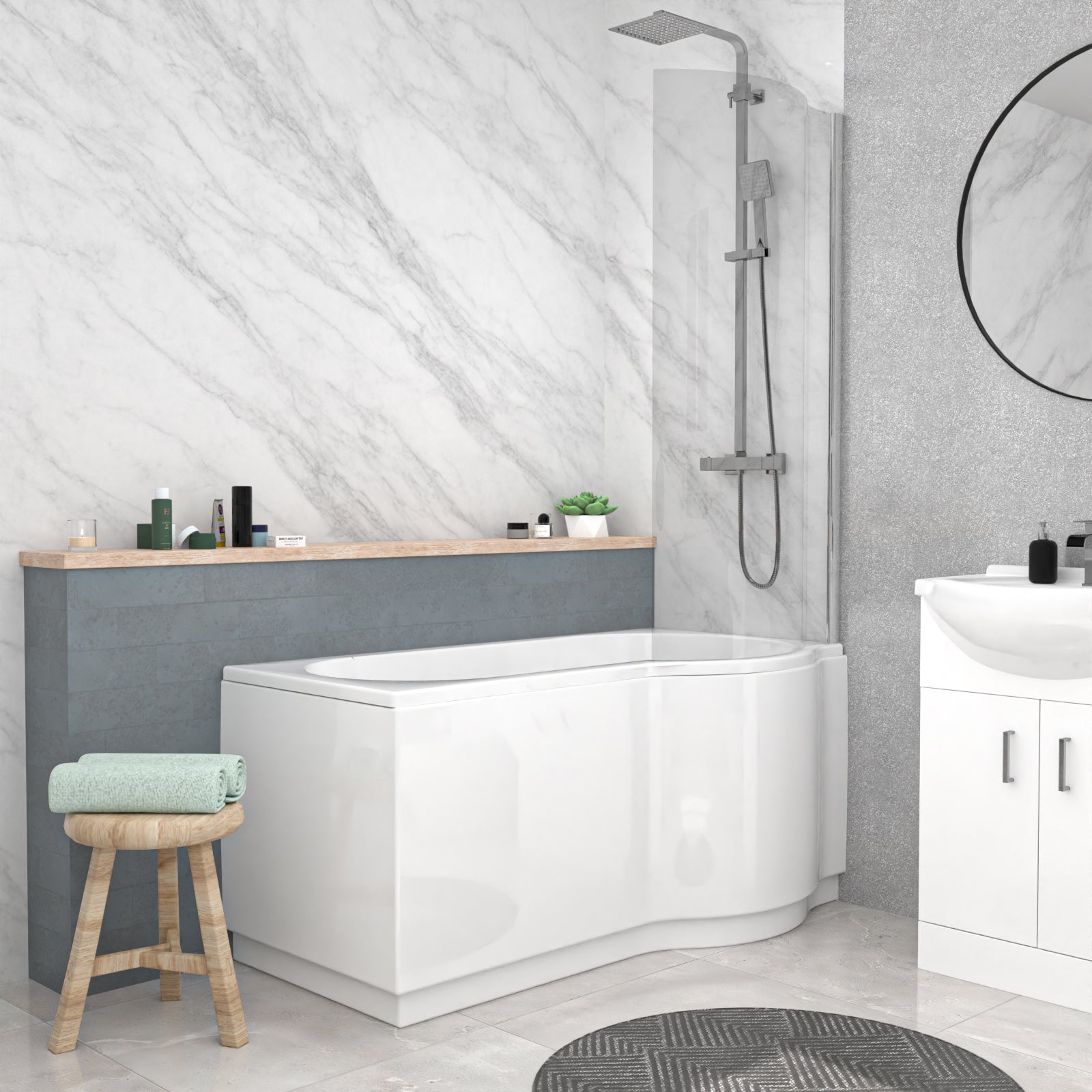 Ellen Right Hand P-Shaped Bath With Screen, Basin Vanity Unit & Close Coupled Toilet