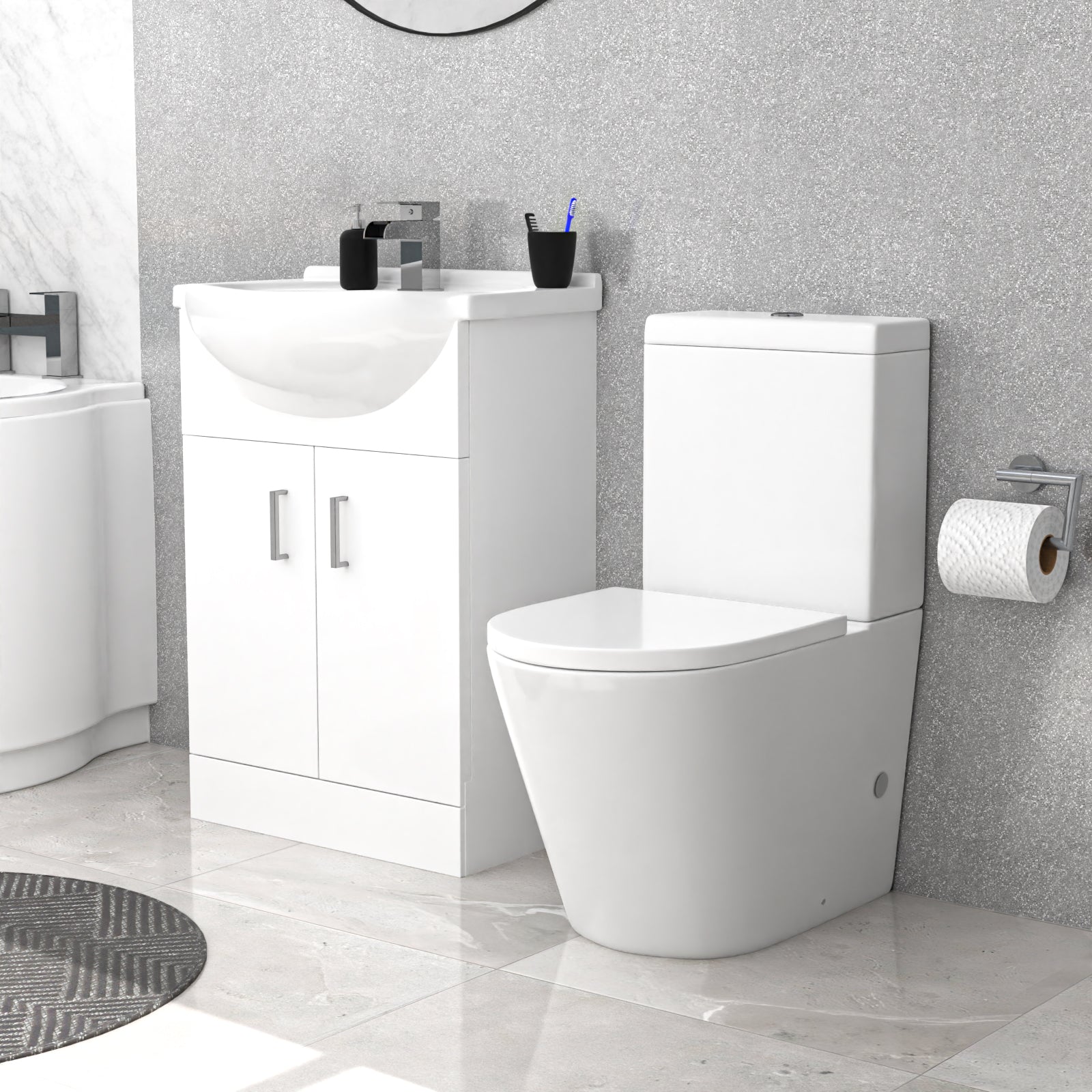 Ellen White P-Shaped Bath Suite WC Close Coupled Toilet Basin Sink Vanity Unit Right Hand