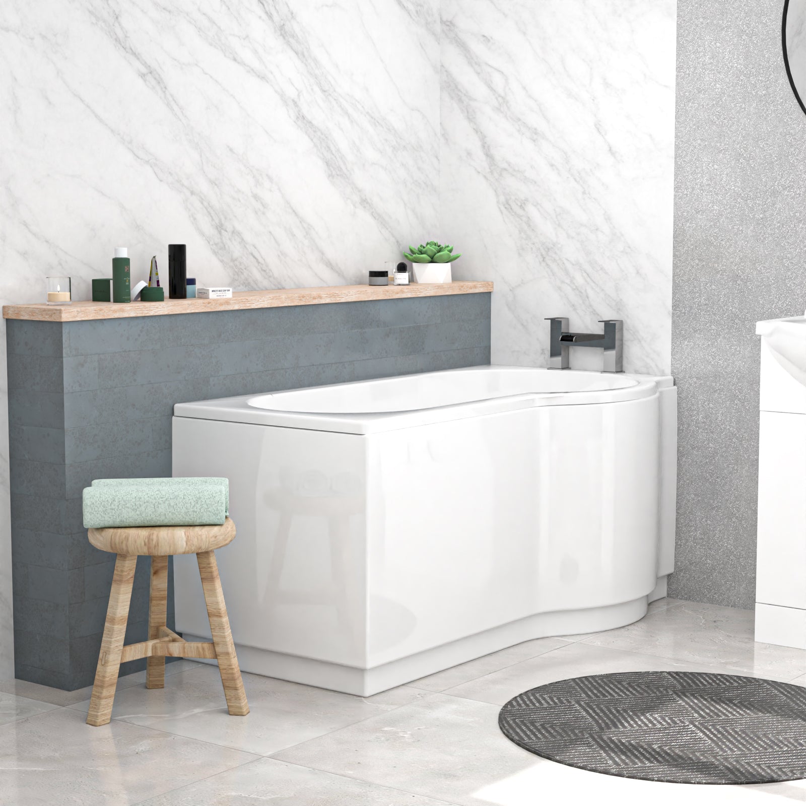 Ellen White P-Shaped Bath Suite WC Close Coupled Toilet Basin Sink Vanity Unit Right Hand