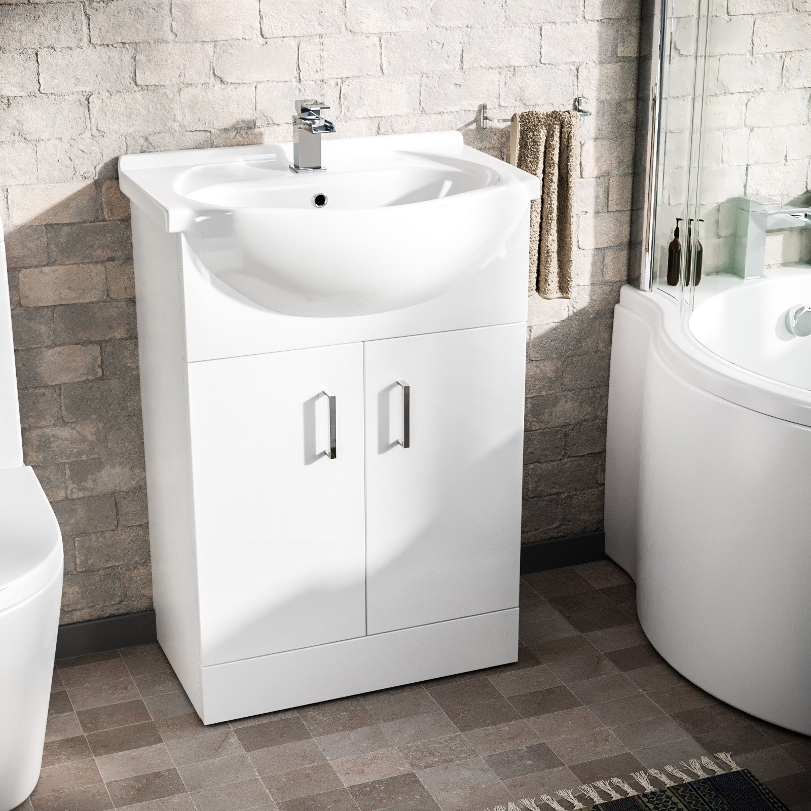 Ellen P-Shaped Left Handed Bath, Floor Standing Vanity Unit and Close Coupled Toilet Suite