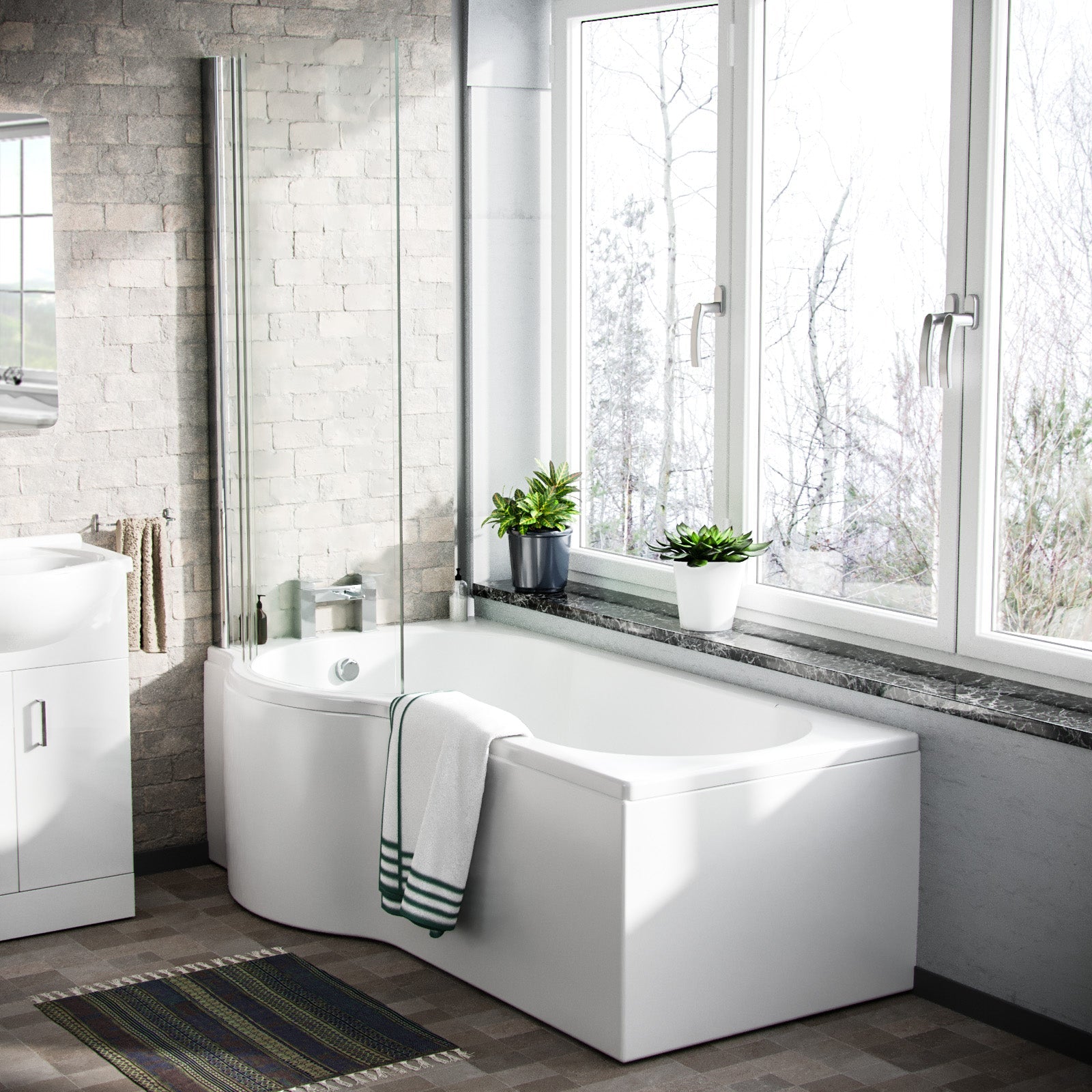 Ellen P-Shaped Left Handed Bath, Floor Standing Vanity Unit and Close Coupled Toilet Suite