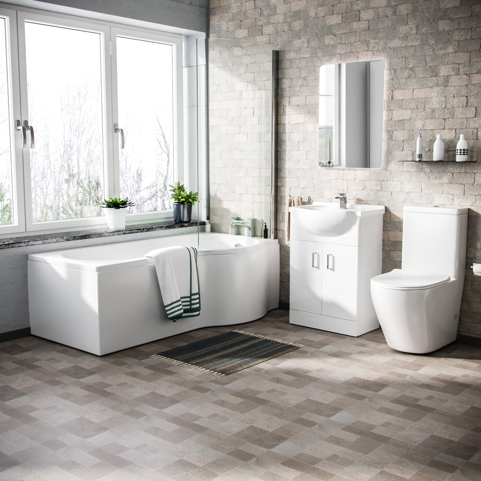 Ellen 1700mm RH P-Shaped Shower Bath with Screen & Front Panel, 550mm White Floor Standing Basin Vanity Unit & Close Coupled Toilet