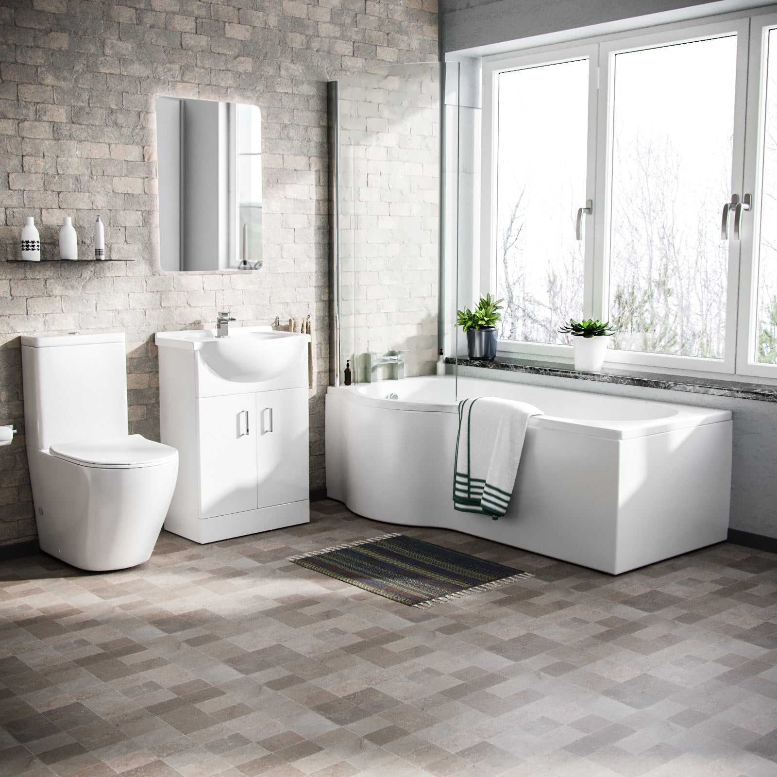 Ellen P-Shaped LH Bath 550mm Floor Vanity Unit & Curved Toilet Suite