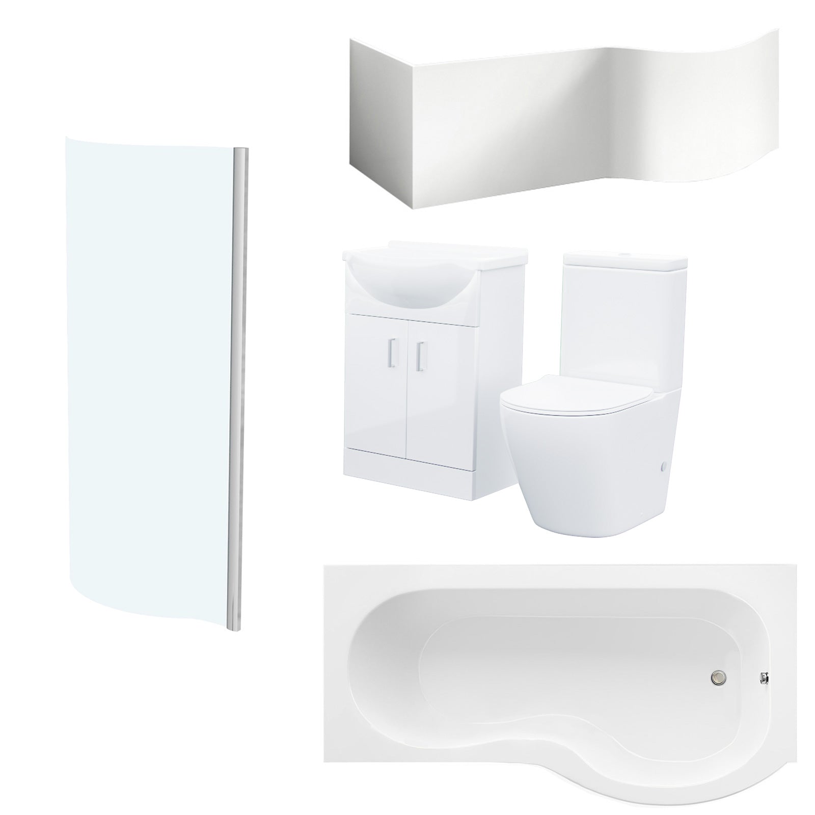 Ellen 1700mm RH P-Shaped Shower Bath with Screen & Front Panel, 550mm White Floor Standing Basin Vanity Unit & Close Coupled Toilet