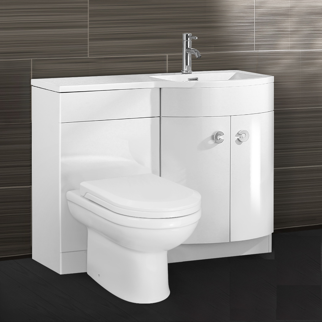 Dene 1100 mm White P Shape Bathroom RH Vanity Suite Unit BTW Toilet White Square