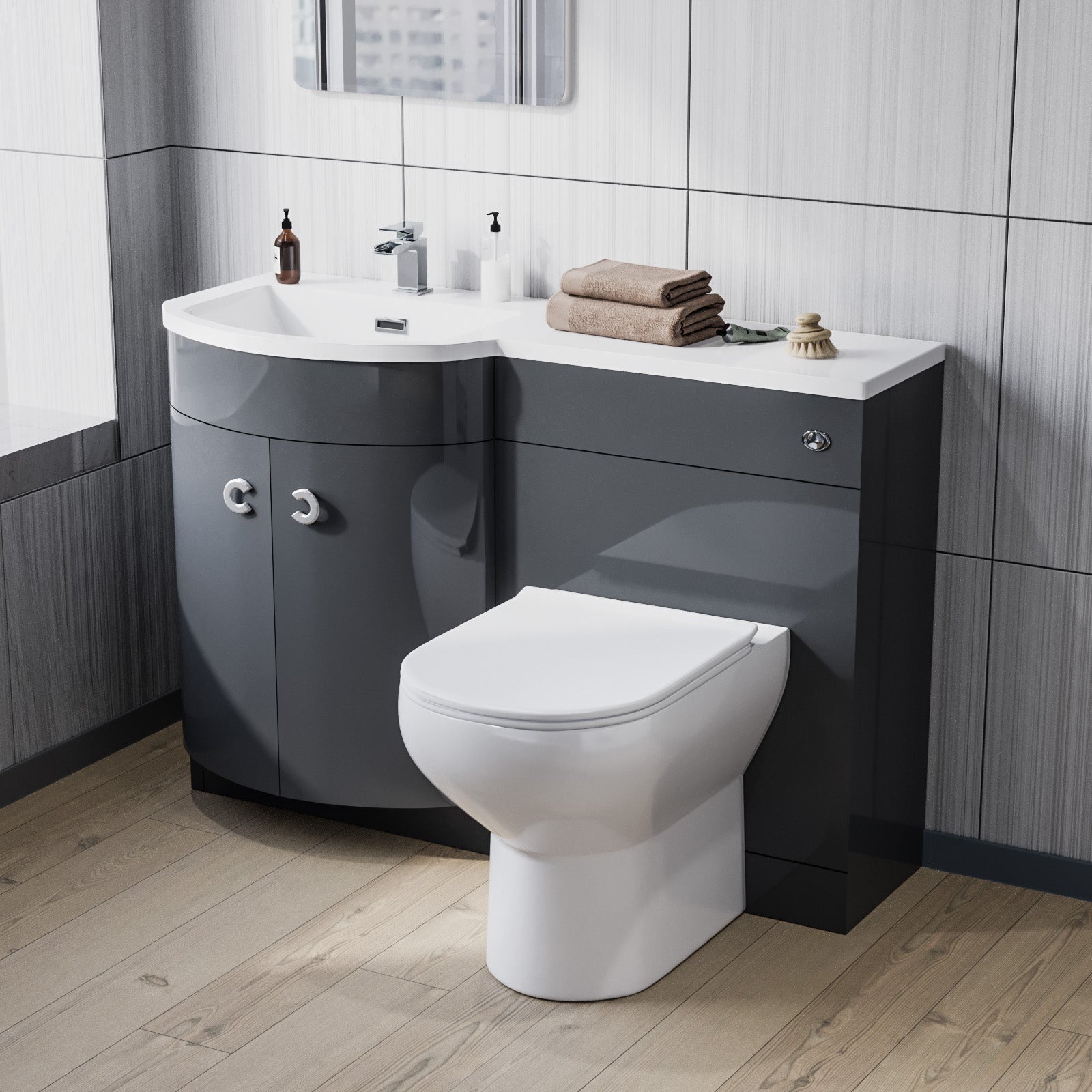 Dene 1100mm Basin Combination Vanity Unit, WC unit, Back To Wall Toilet Grey