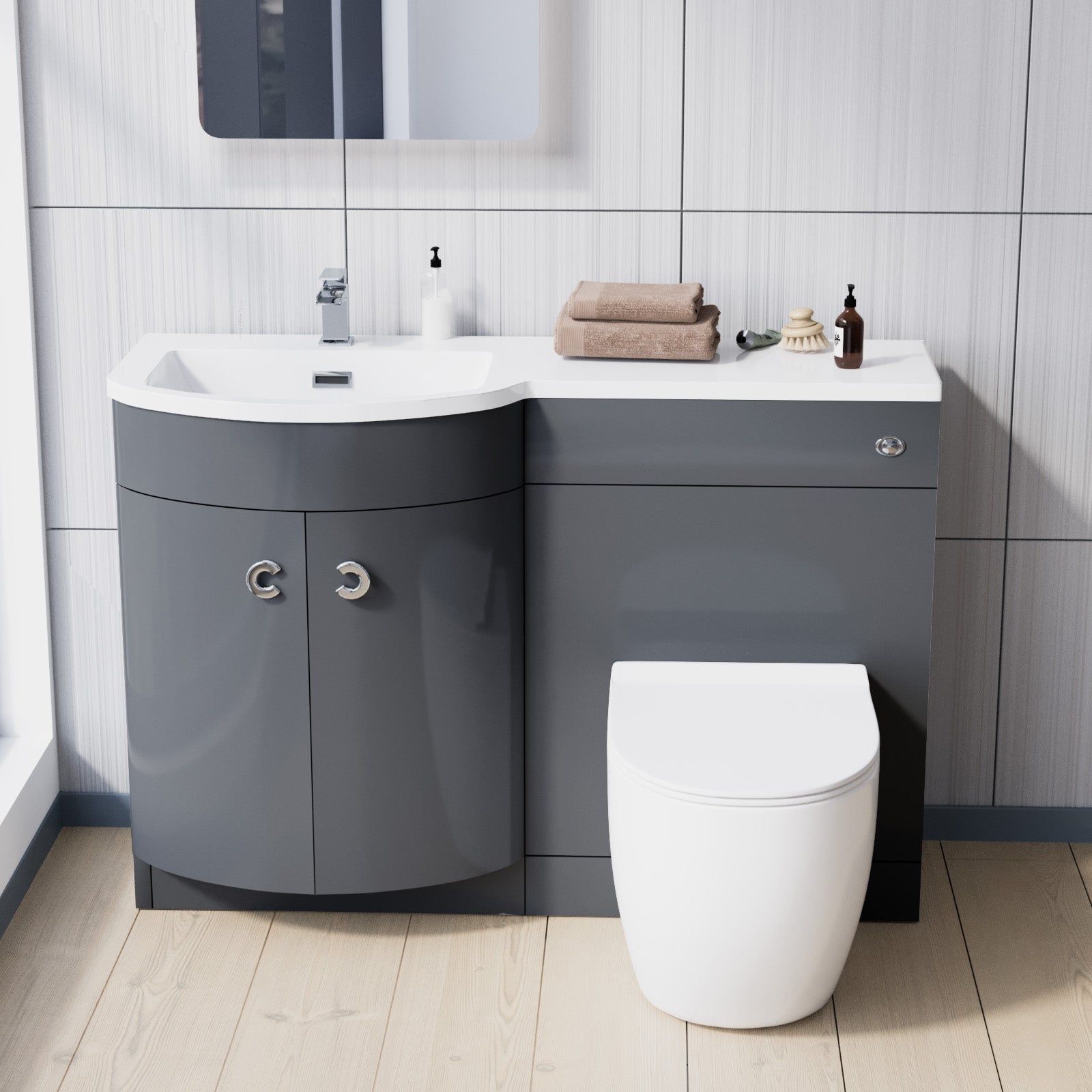 Dene Grey 1100mm LH BTW Soft Close Toilet & Resin Basin