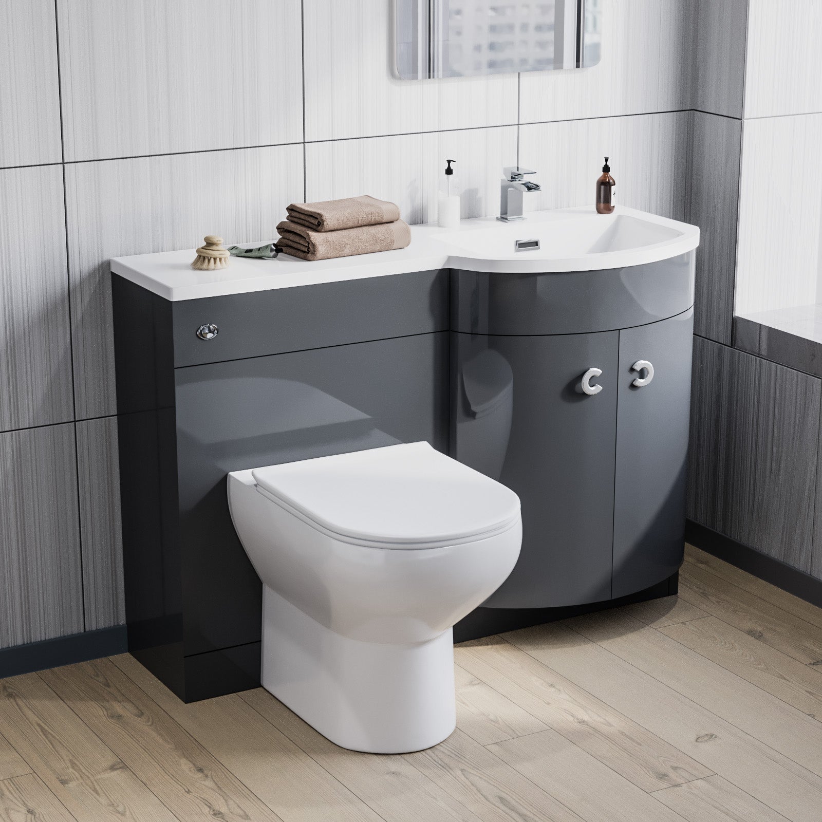 Dene 1100mm Basin Combination Vanity Unit, WC unit, Back To Wall Toilet Grey