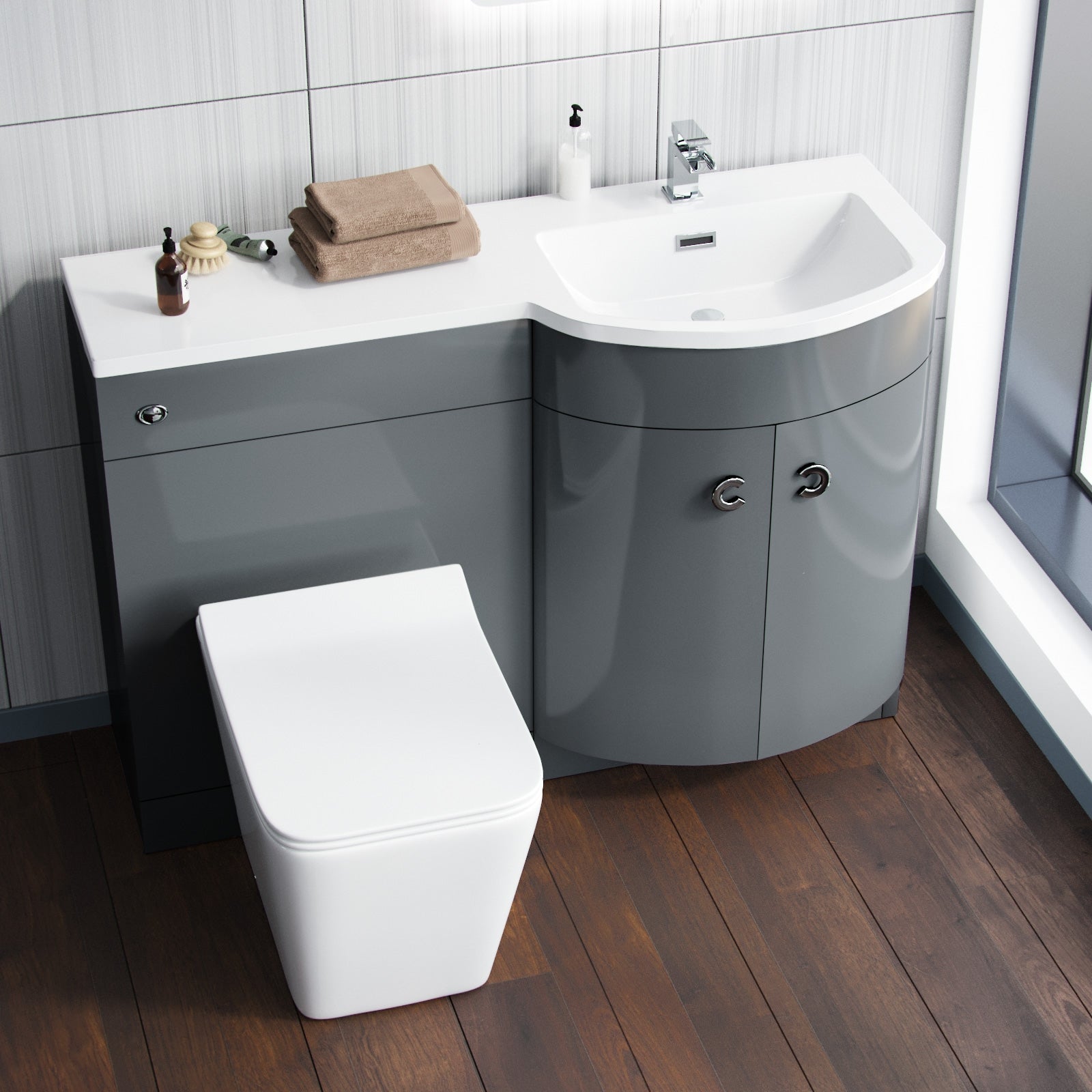 Dene Grey 1100 mm RH Vanity Unit and Back To Wall WC Toilet Bathroom