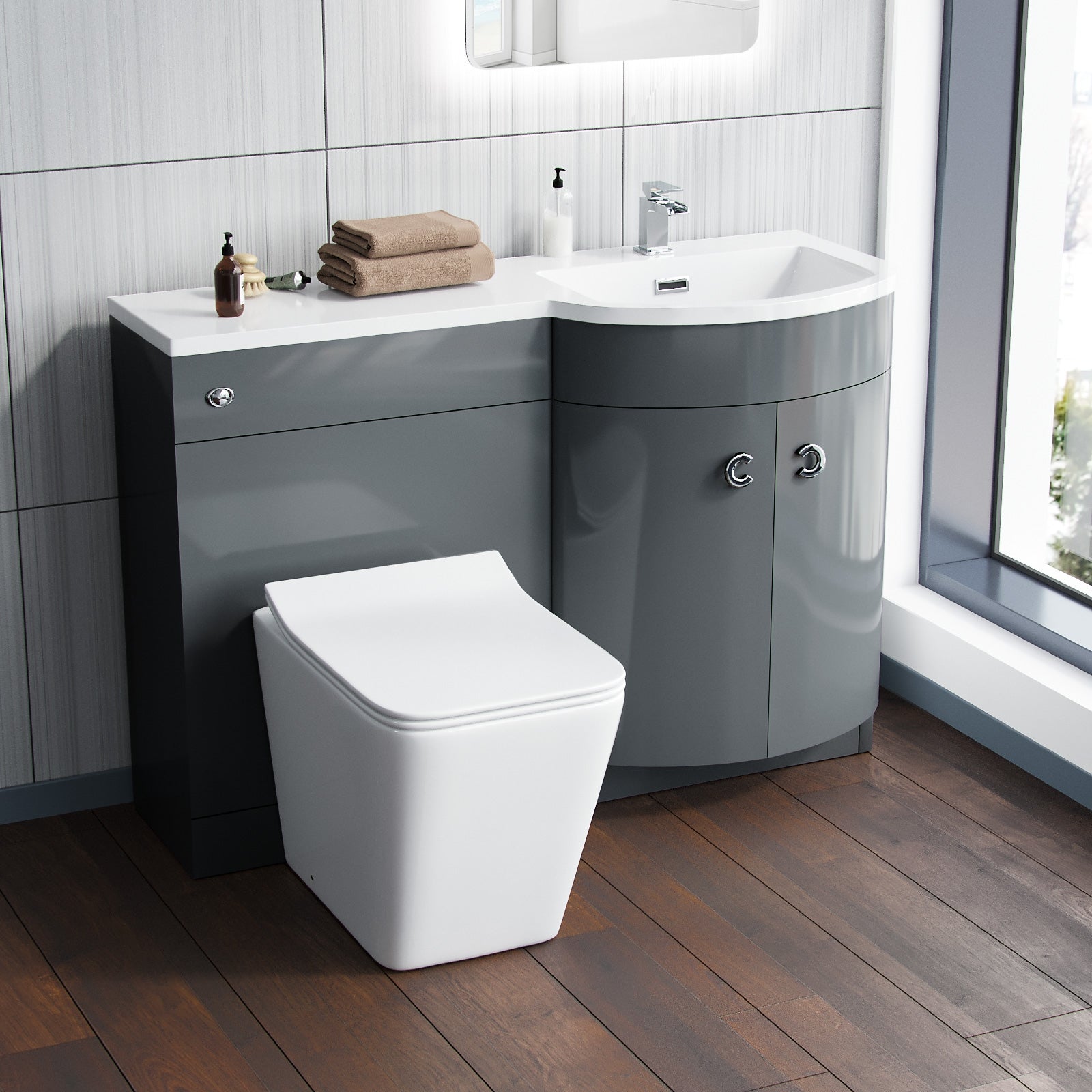 Dene Grey 1100 mm RH Vanity Unit and Back To Wall WC Toilet Bathroom