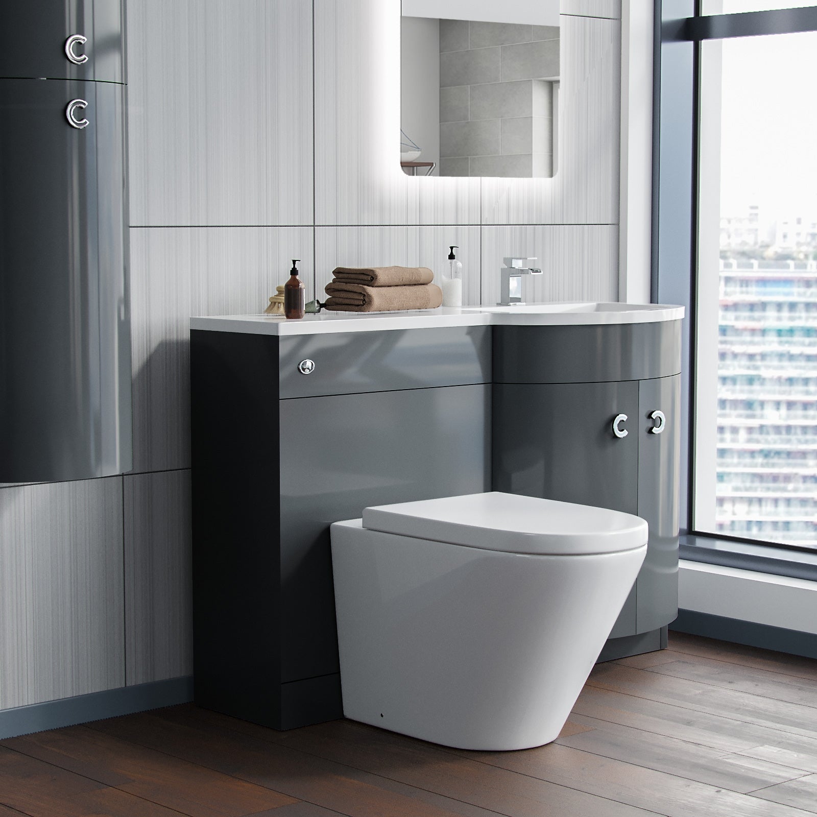 Dene Grey 1100mm RH Vanity Basin Unit & Ellis Back To Wall Toilet