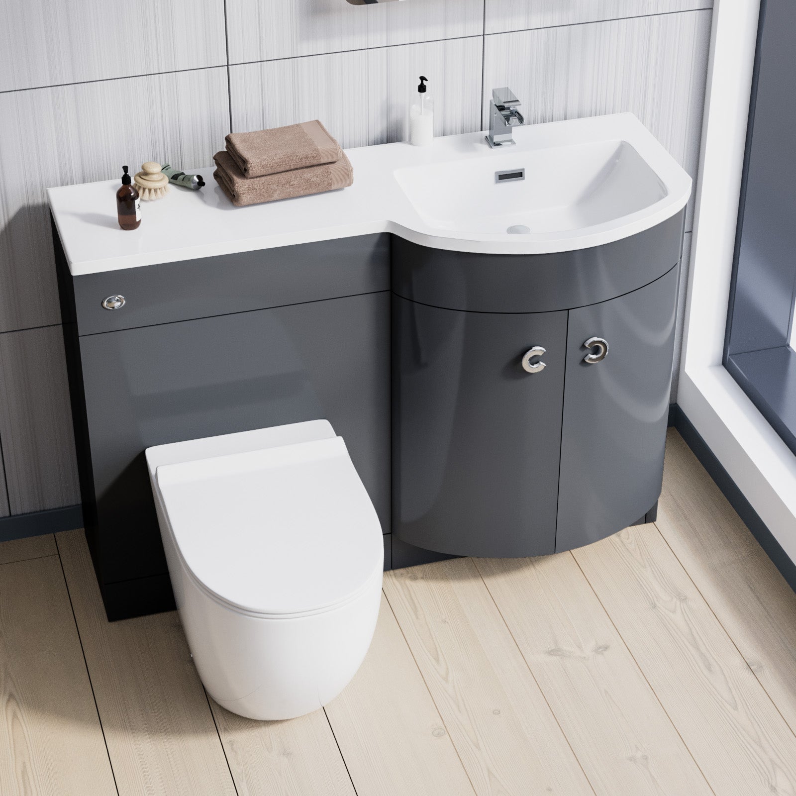 Dene Grey 1100mm RH Back To Wall Soft Close Toilet & Resin Basin
