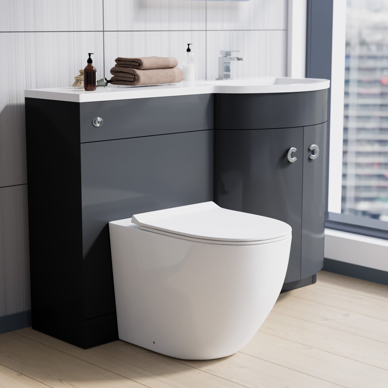 Dene Grey 1100mm RH Back To Wall Soft Close Toilet & Resin Basin