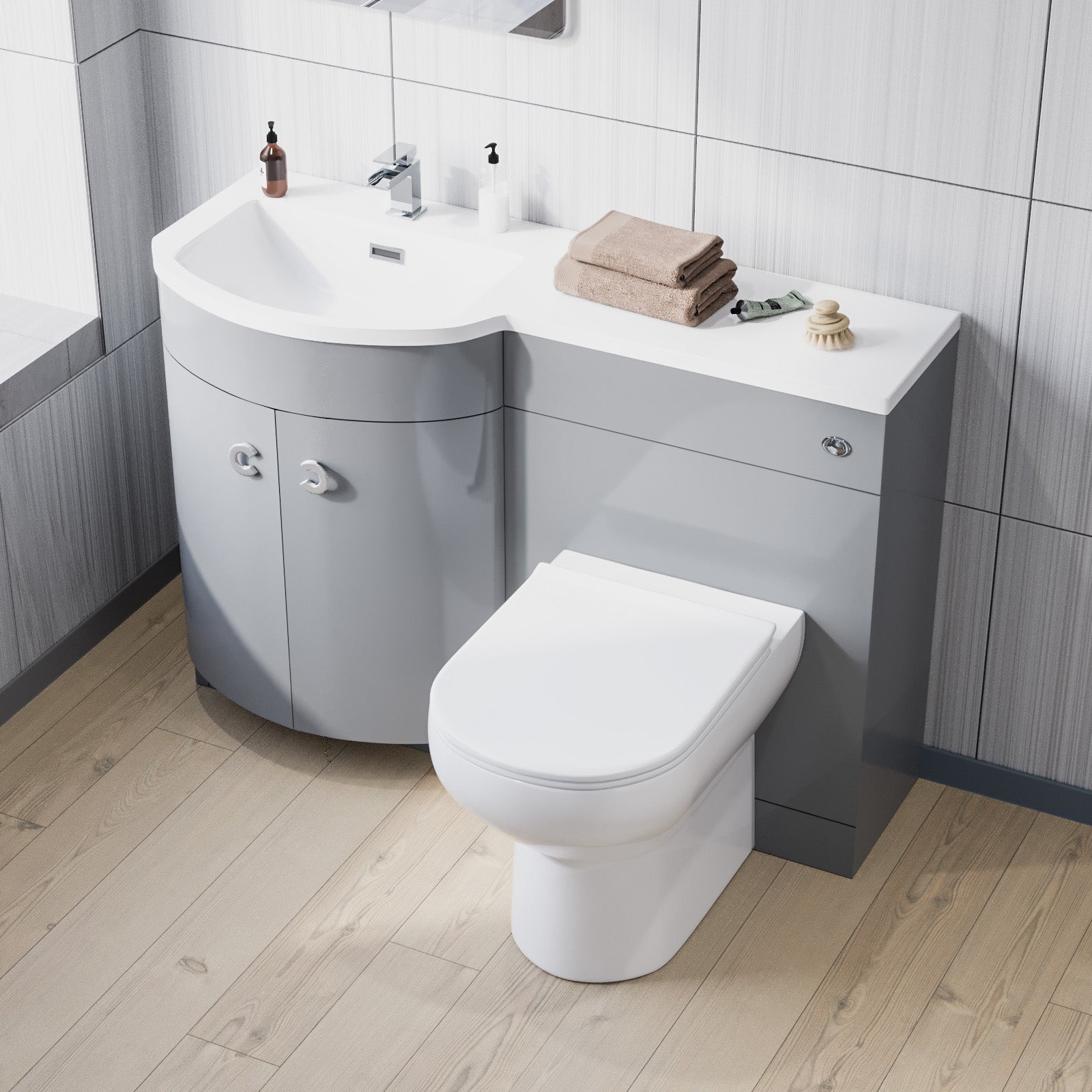 Dene Grey 1100mm Left Hand Basin Combination Vanity Unit, WC unit, Back To Wall Toilet