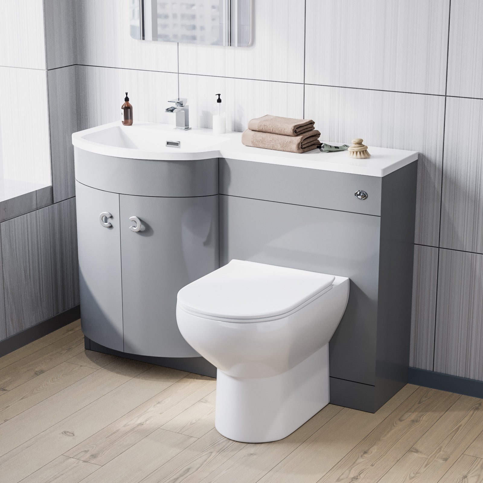 Dene Grey 1100mm Left Hand Basin Combination Vanity Unit, WC unit, Back To Wall Toilet