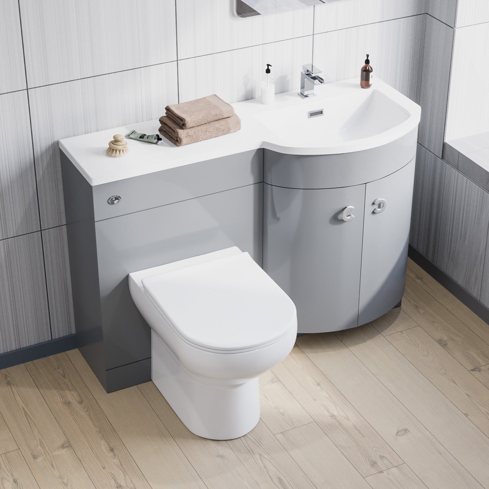 Dene Grey 1100mm Right Hand Basin Combination Vanity Unit, WC unit, Back To Wall Toilet