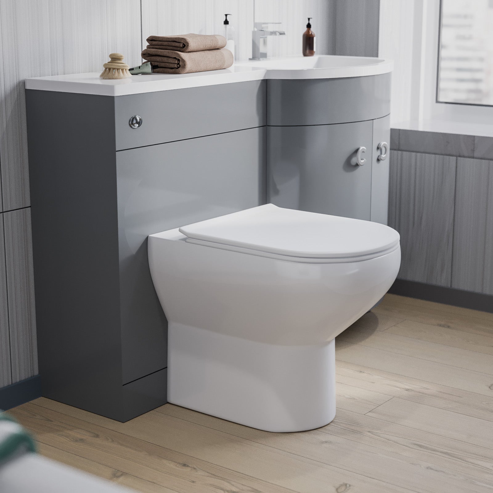 Dene Grey 1100mm Right Hand Basin Combination Vanity Unit, WC unit, Back To Wall Toilet