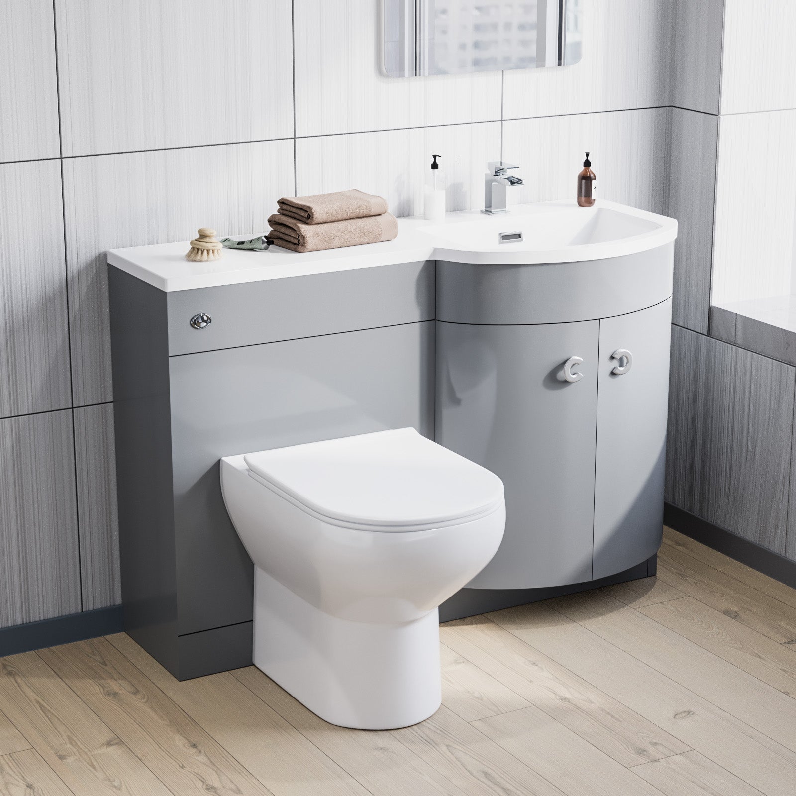 Dene Grey 1100mm Right Hand Basin Combination Vanity Unit, WC unit, Back To Wall Toilet