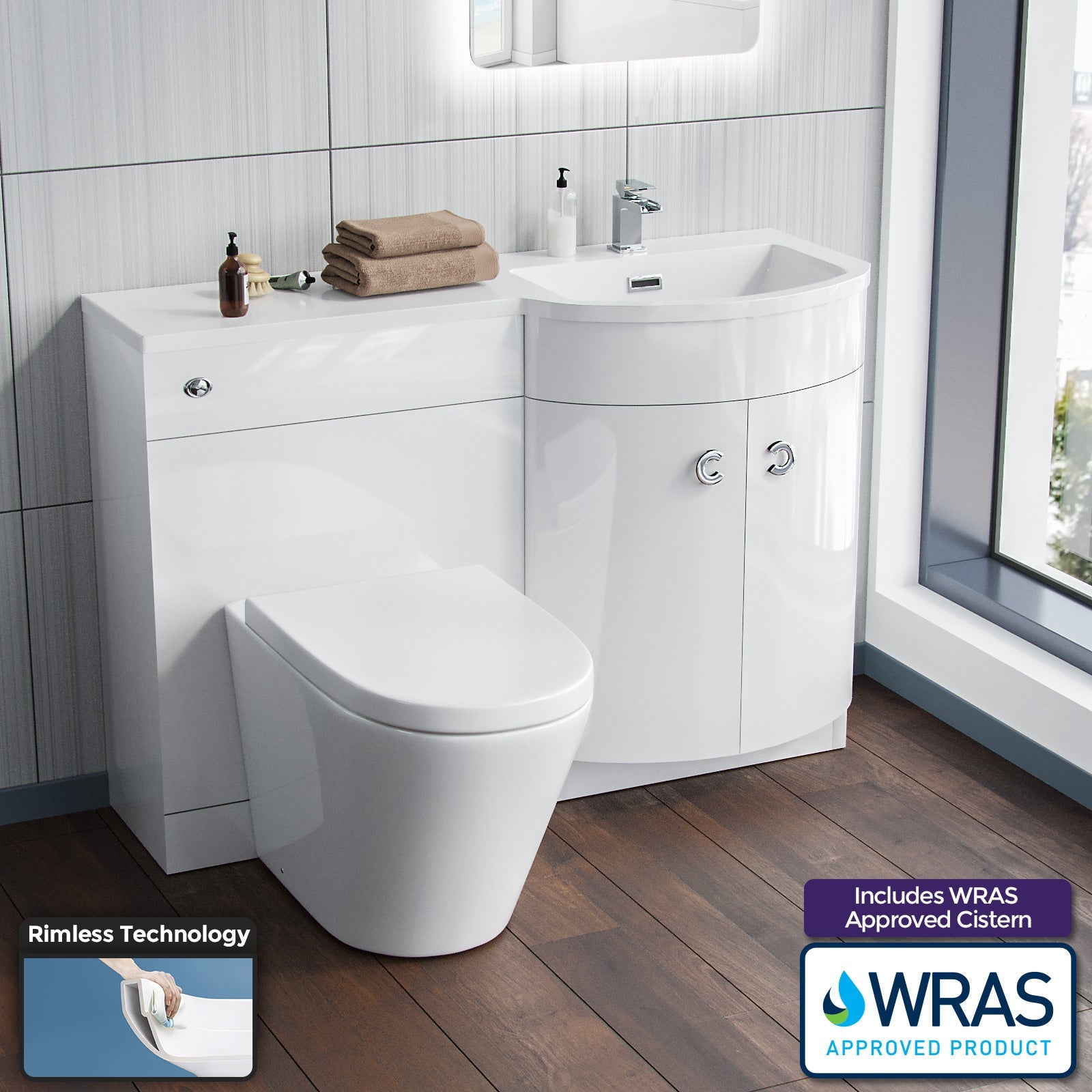 Dene White 1100mm Bathroom Freestanding P-Shaped RH Basin Vanity Unit, WC & BTW Toilet Set