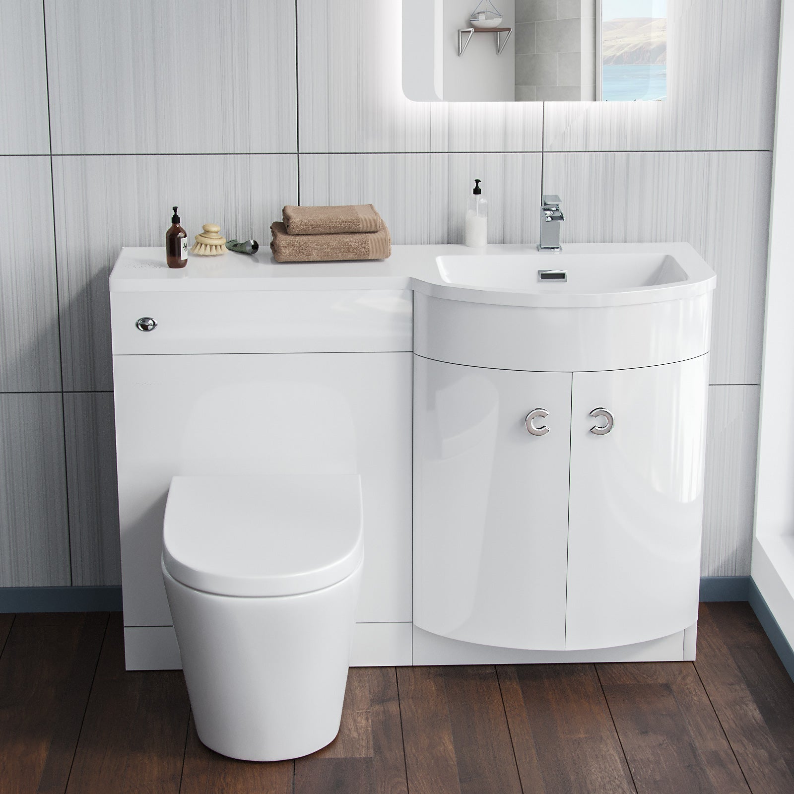 Dene White 1100mm Bathroom Freestanding P-Shaped RH Basin Vanity Unit, WC & BTW Toilet Set