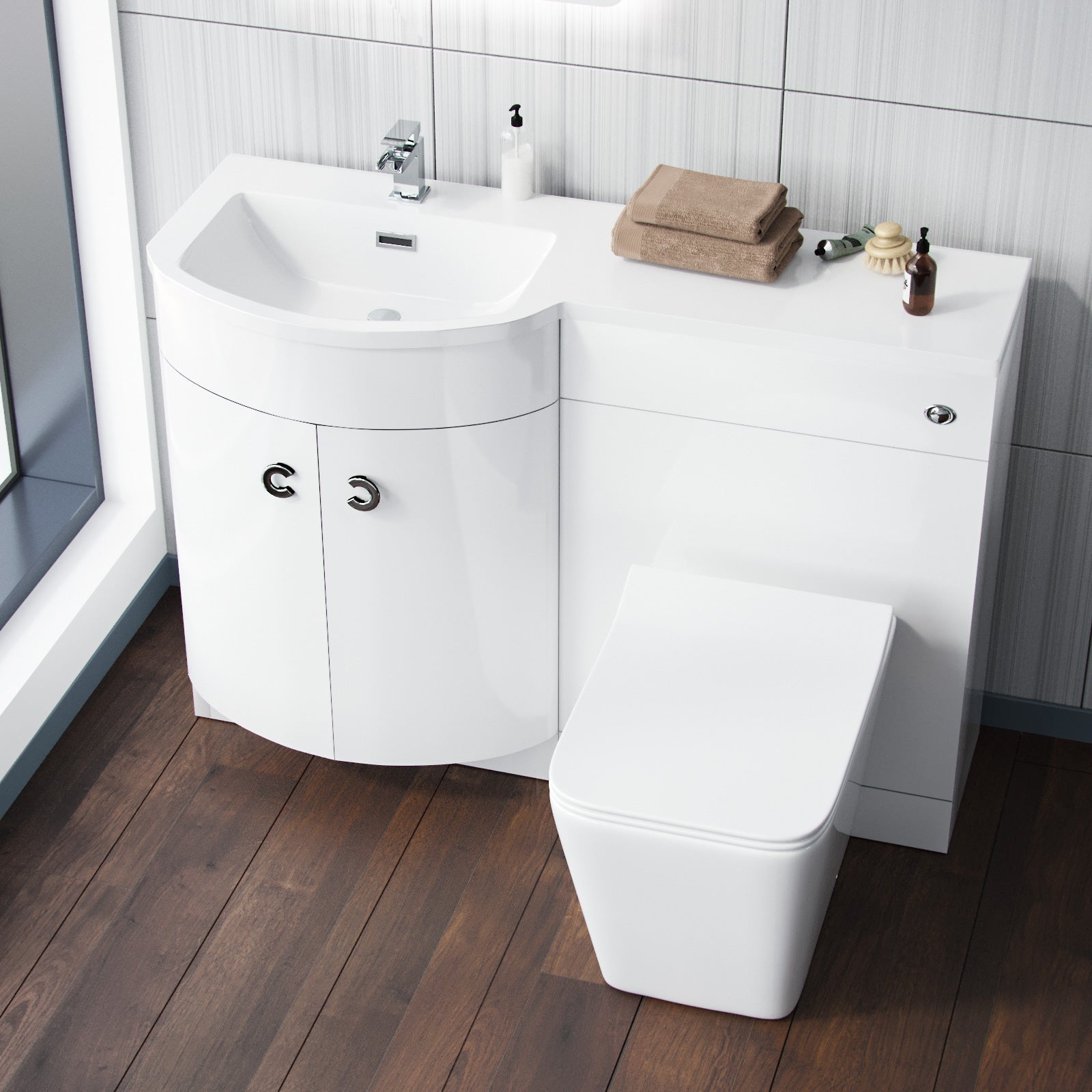 Dene 1100mm LH White Basin Vanity Flat Pack Bathroom, WC Unit, Rimless BTW Toilet