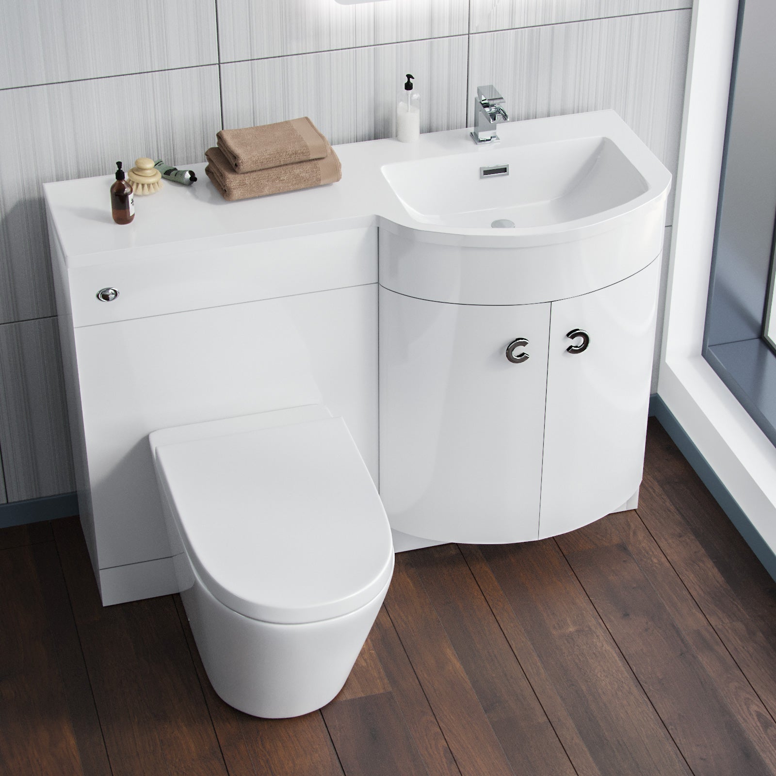 Dene White 1100mm Bathroom Freestanding P-Shaped RH Basin Vanity Unit, WC & BTW Toilet Set
