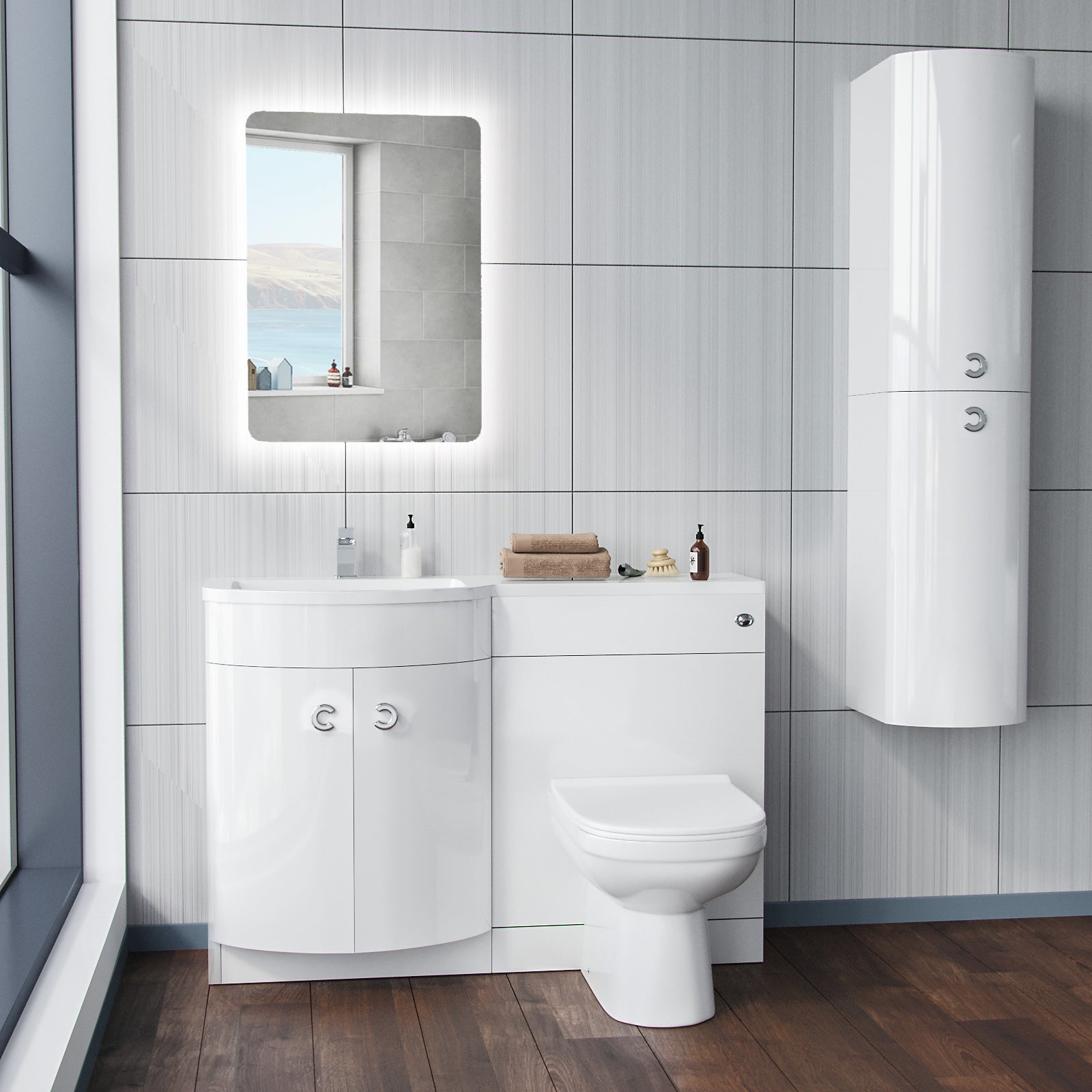Dene 1100mm LH White Basin Vanity Flat Pack , WC Unit and BTW Toilet