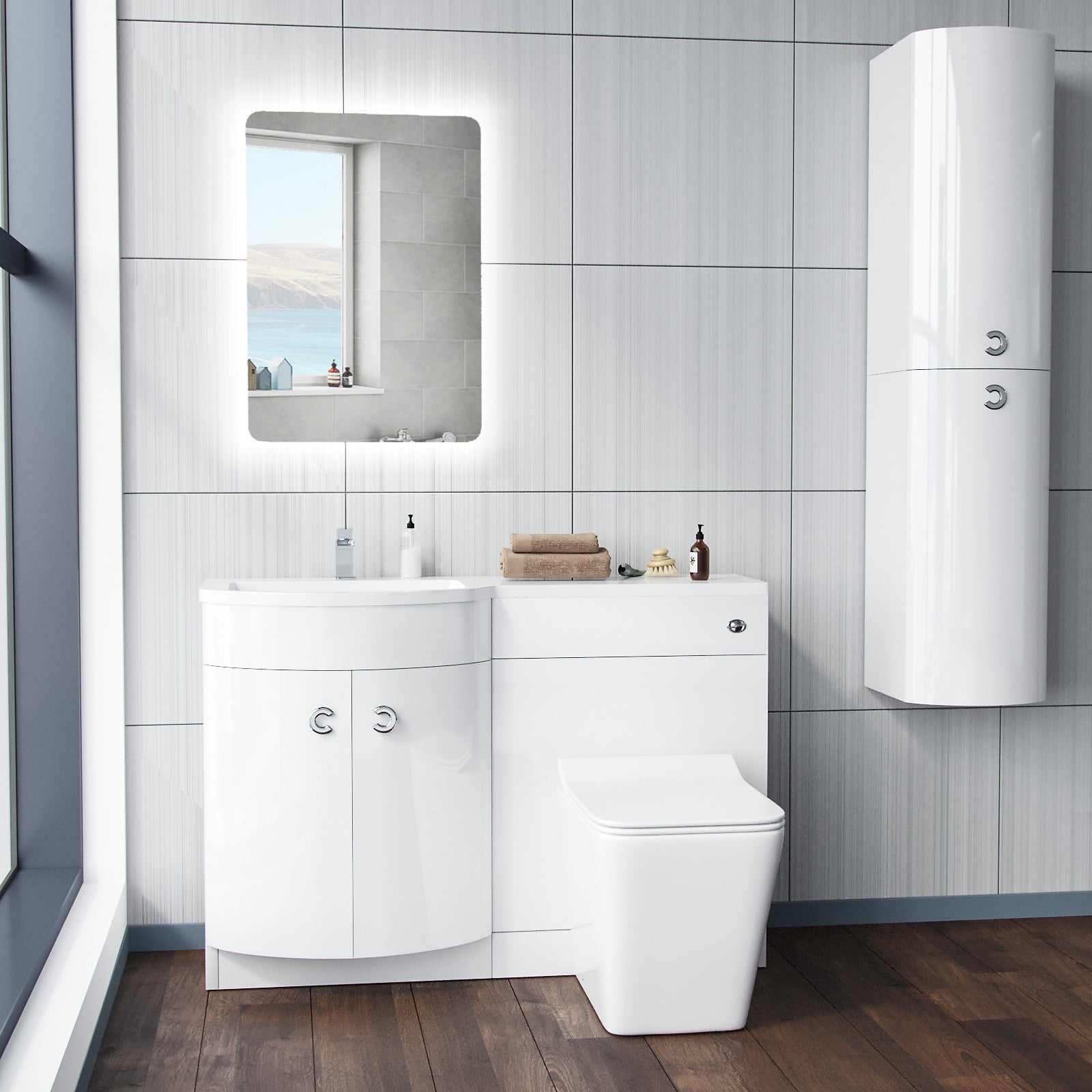 Dene 1100mm LH White Basin Vanity Flat Pack Bathroom, WC Unit, Rimless BTW Toilet