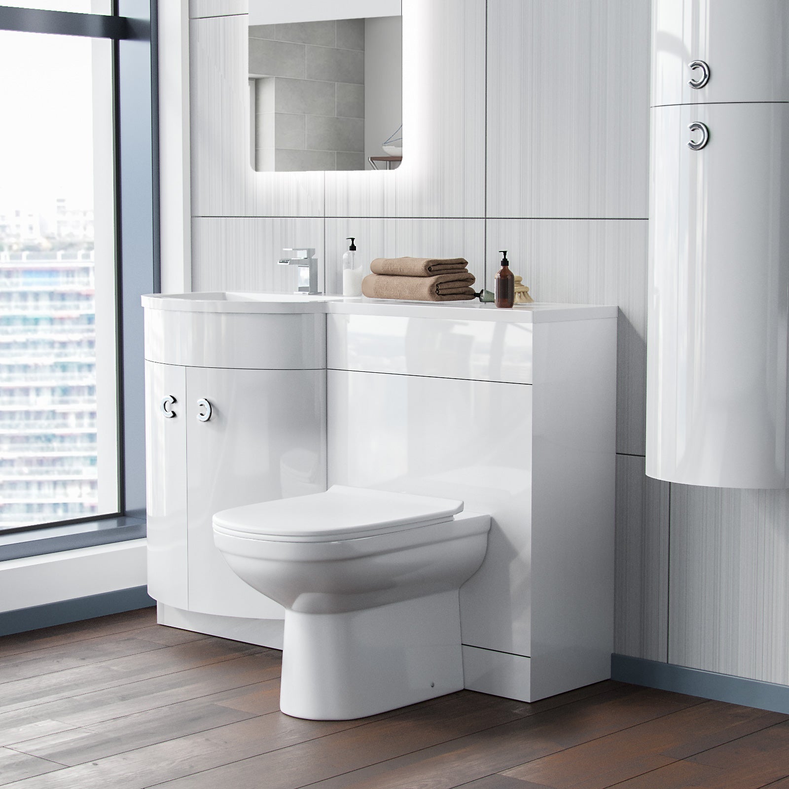 Dene 1100mm LH White Basin Vanity Flat Pack , WC Unit and BTW Toilet