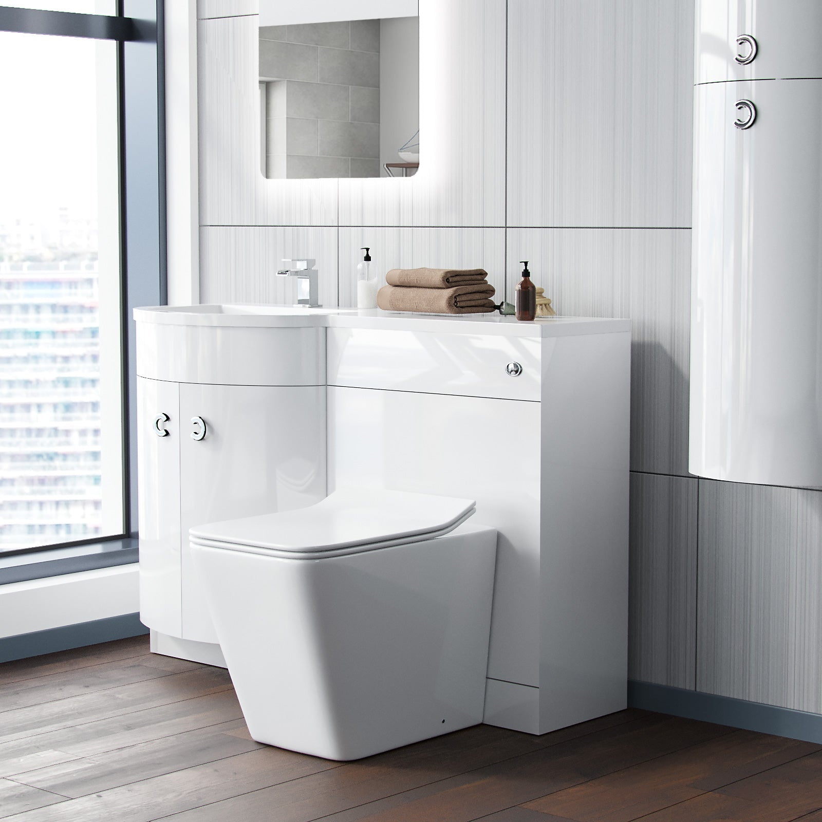 Dene 1100mm LH White Basin Vanity Flat Pack Bathroom, WC Unit, Rimless BTW Toilet