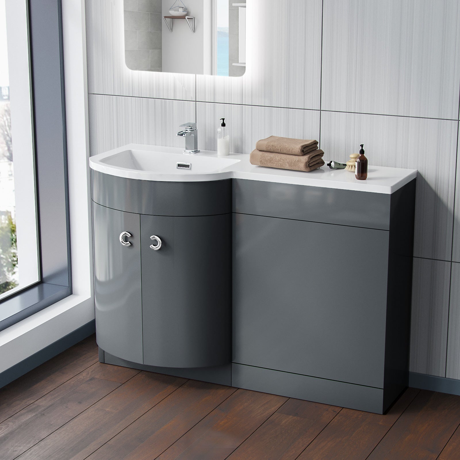 Dene Grey 1100mm Vanity Unit and BTW WC Toilet Left Hand Basin Sink Cabinet