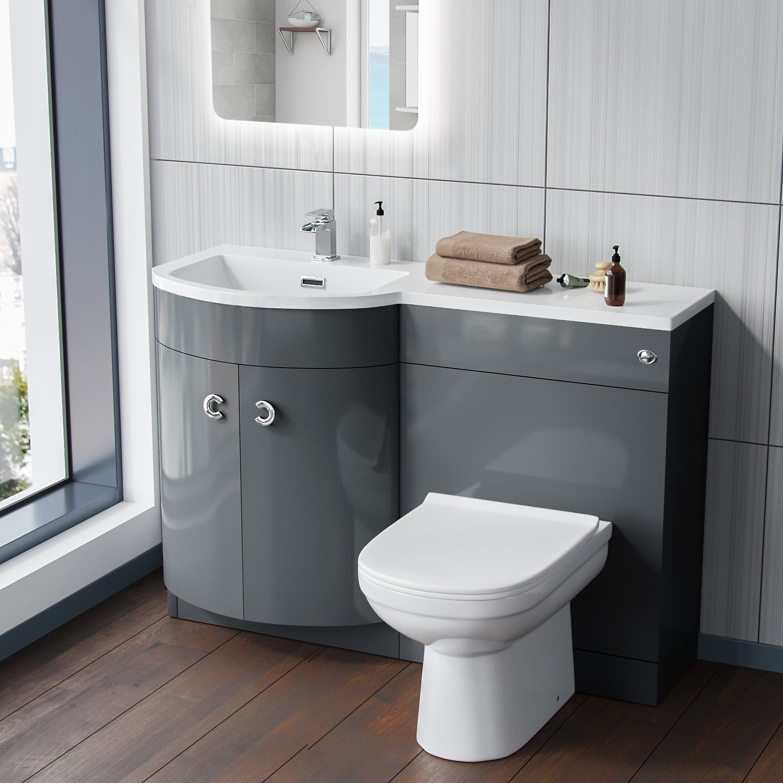 Dene Grey 1100mm Bathroom Basin LH Sink Vanity Unit Back To Wall WC Toilet