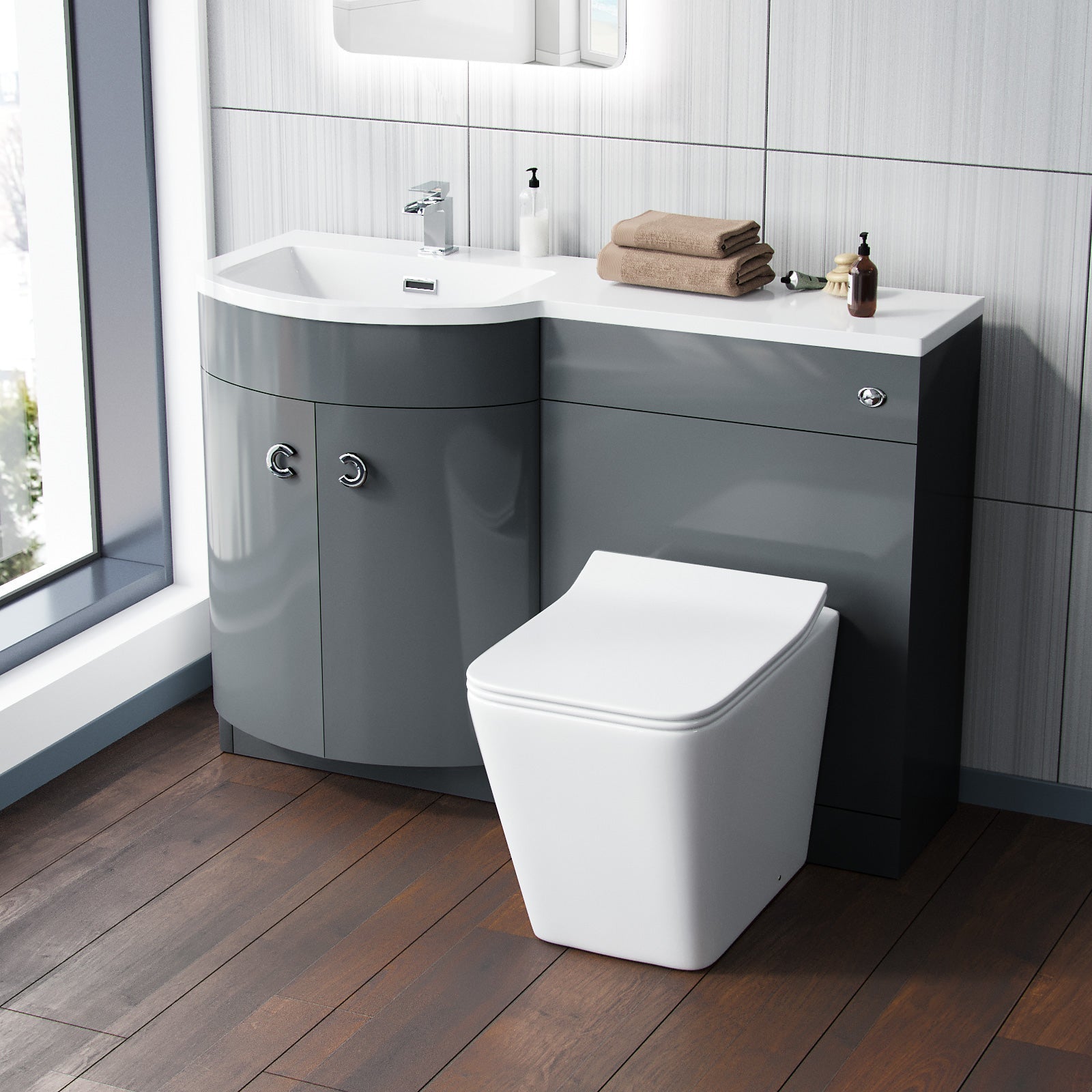 Dene Grey 1100 mm Vanity Unit and BTW WC Toilet Left Hand Basin Sink Cabinet