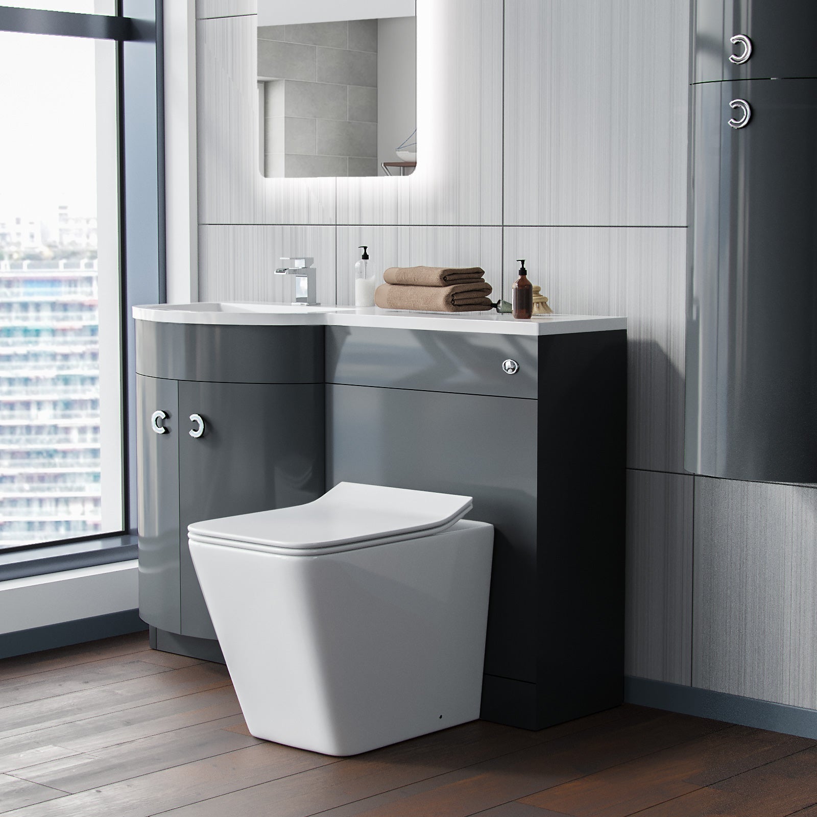 Dene Grey 1100mm Vanity Unit and BTW WC Toilet Left Hand Basin Sink Cabinet
