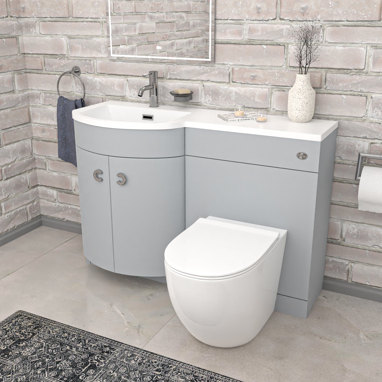 Dene L-Shaped LH Bath Matte Grey Basin Vanity Unit & White BTW Toilet