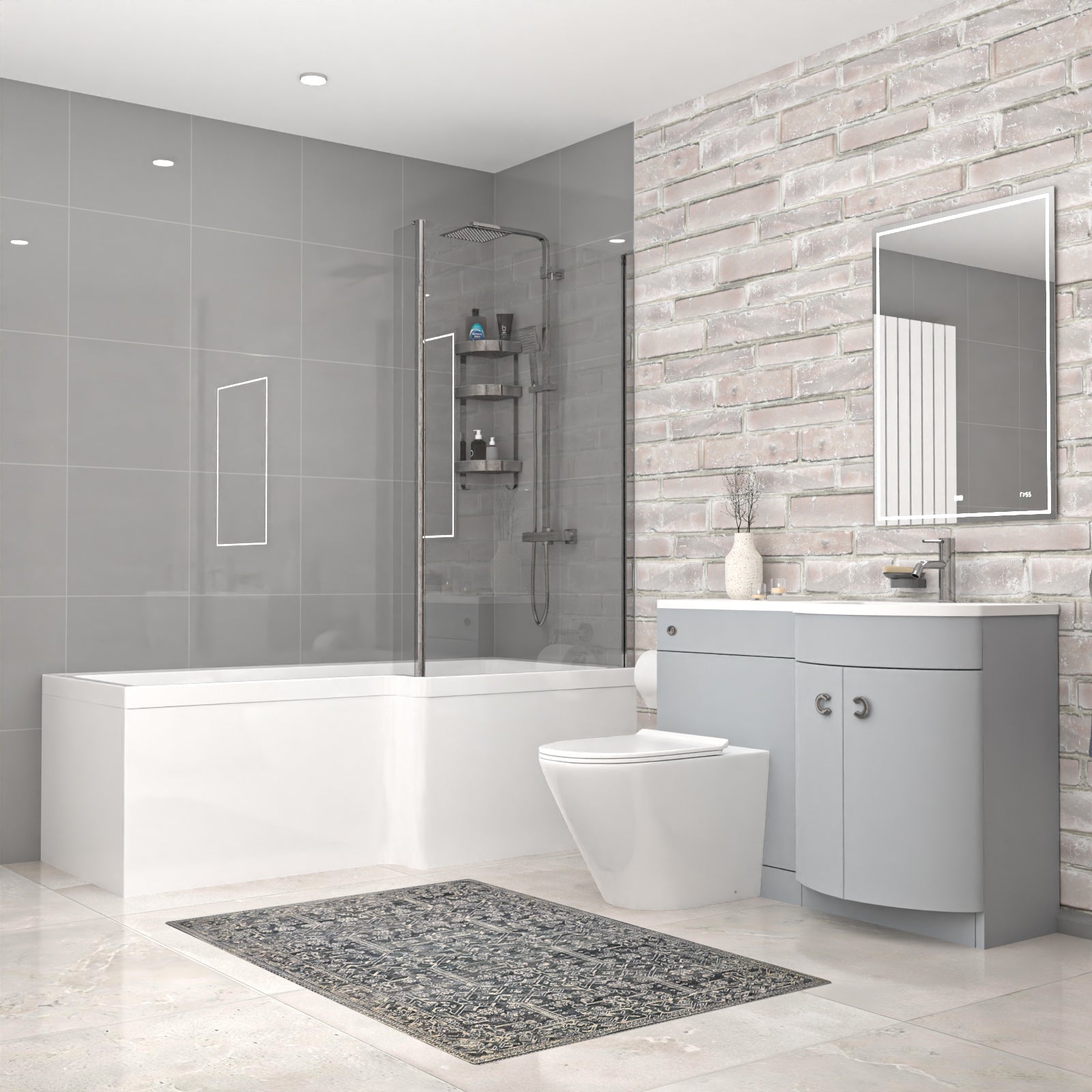 Dene L-Shaped RH Bath Matte Grey Basin Vanity Unit & Rimless BTW Toilet