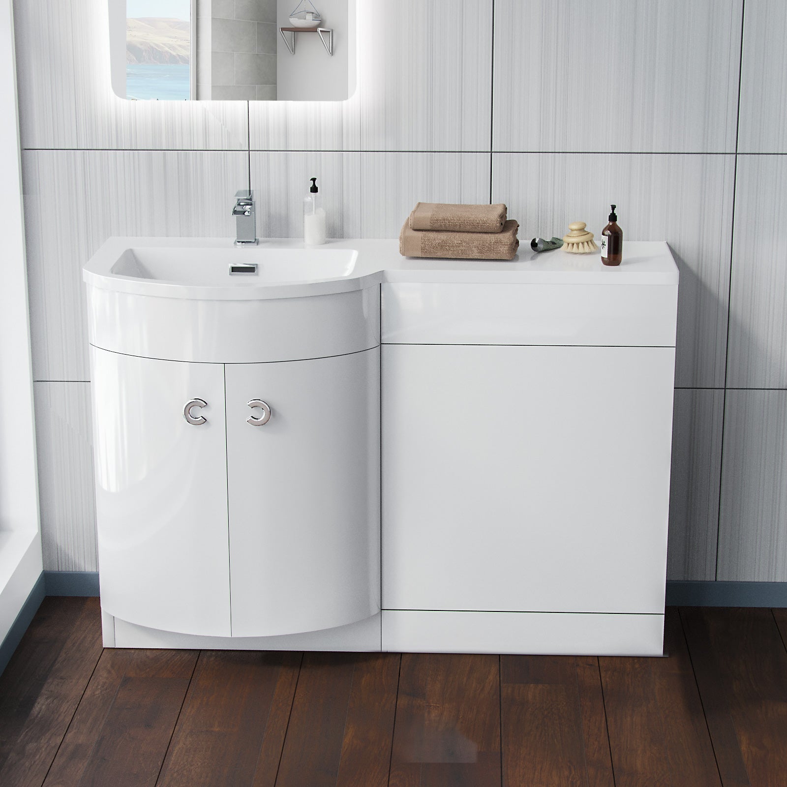 Dene 1100mm LH Freestanding Gloss White Basin Vanity Flat Pack Bathroom + WC Unit