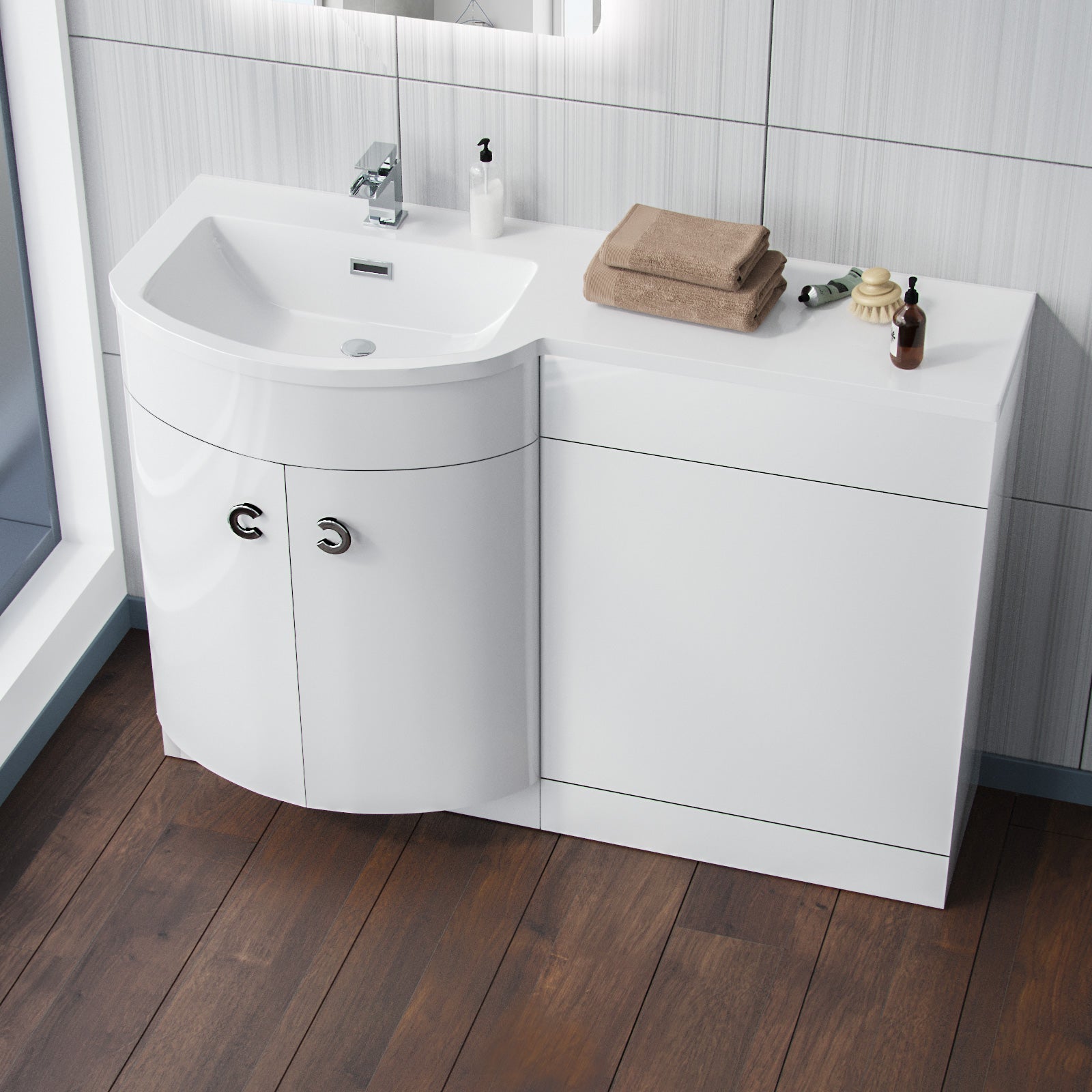 Dene 1100mm LH Freestanding Gloss White Basin Vanity Flat Pack Bathroom + WC Unit