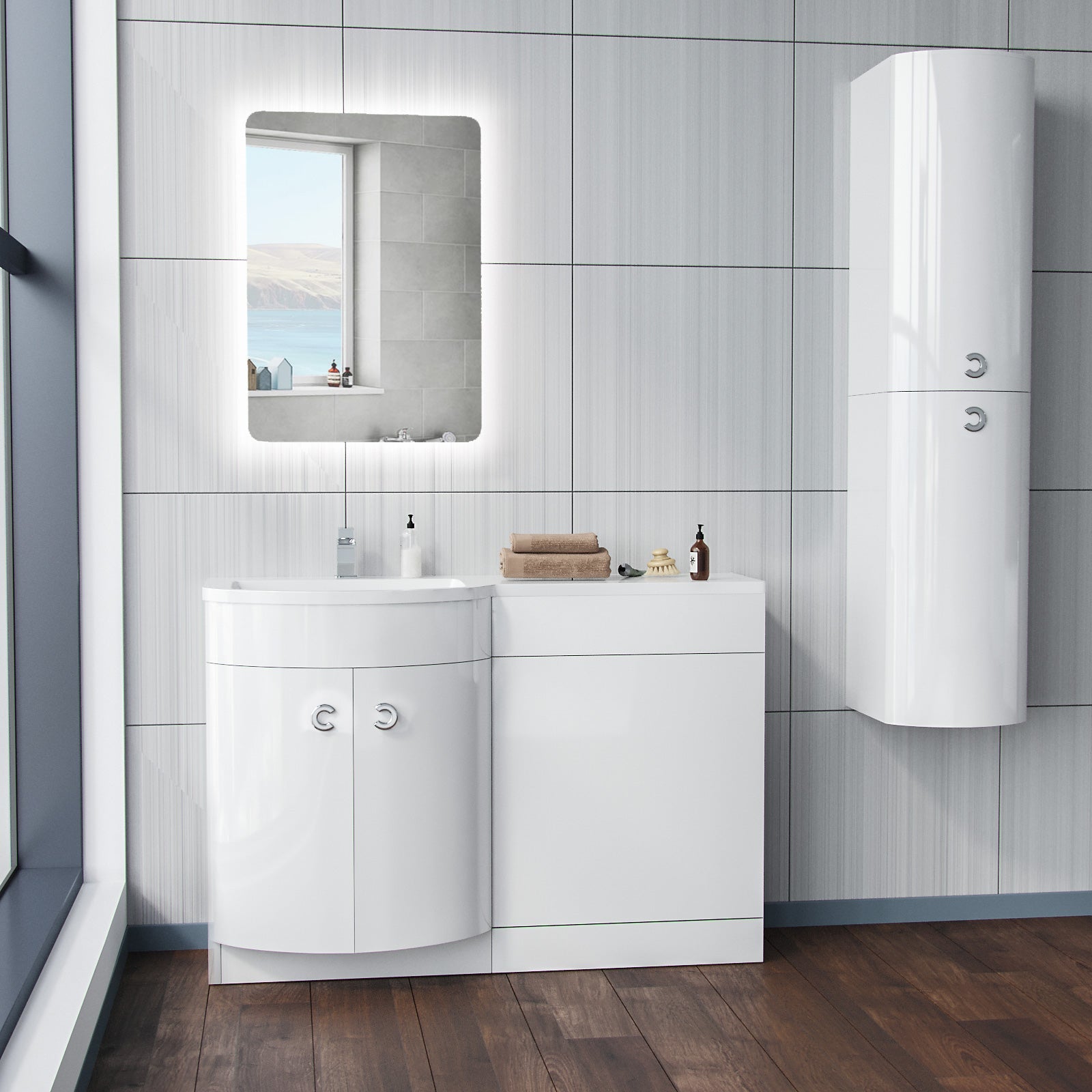 Dene 1100mm LH Freestanding Gloss White Basin Vanity Flat Pack Bathroom + WC Unit