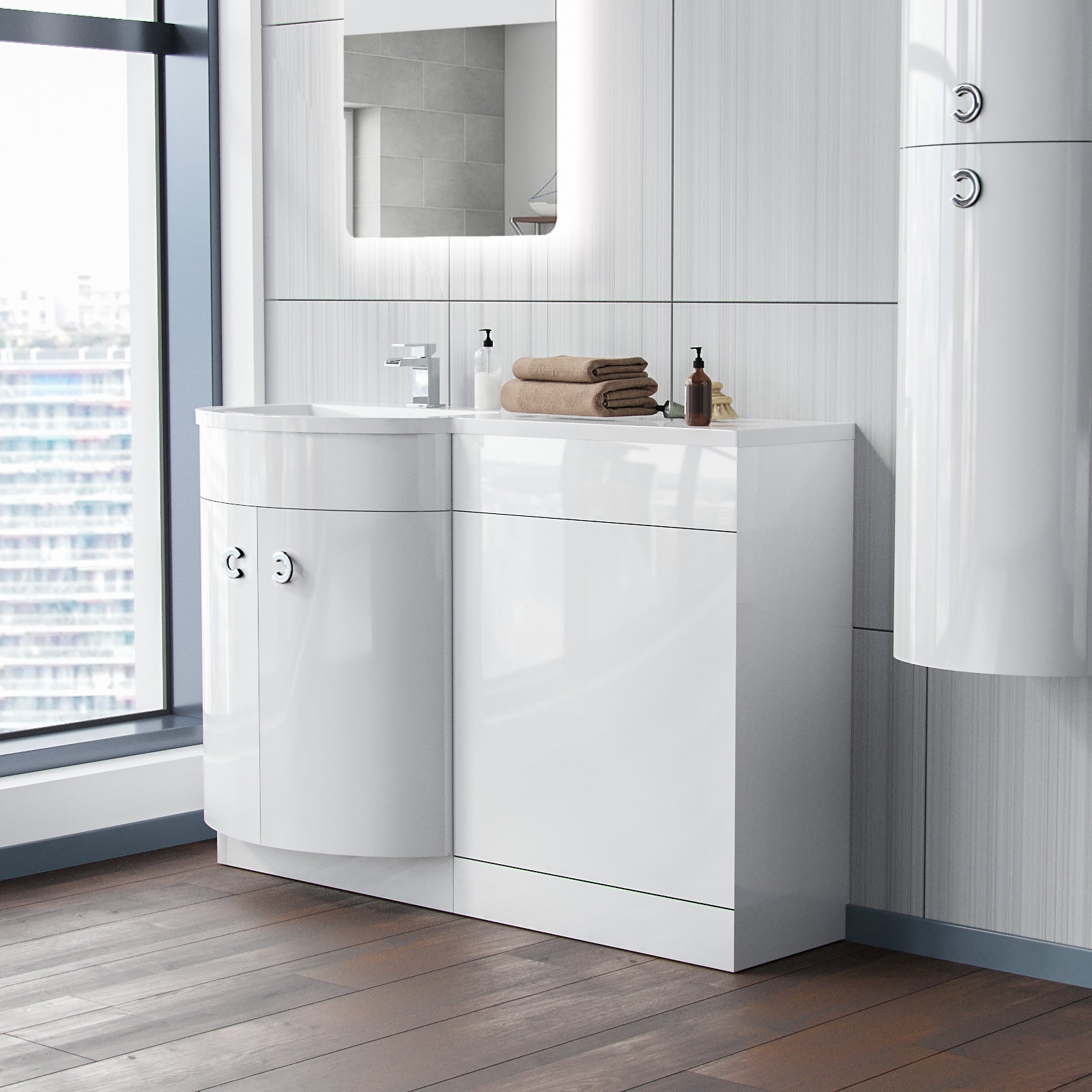 Dene 1100mm LH Freestanding Gloss White Basin Vanity Flat Pack Bathroom + WC Unit