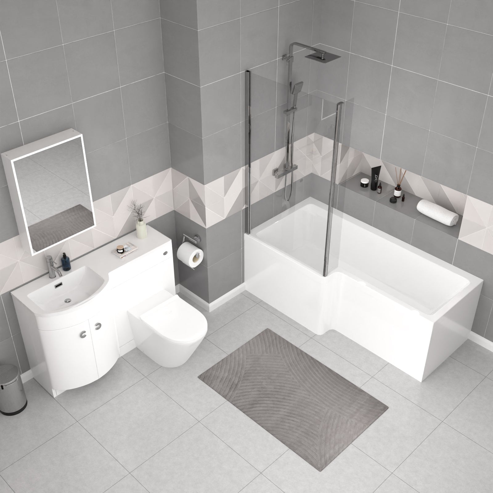Dene L-Shaped LH Shower Bath White Basin Vanity Unit & Rimless BTW Toilet