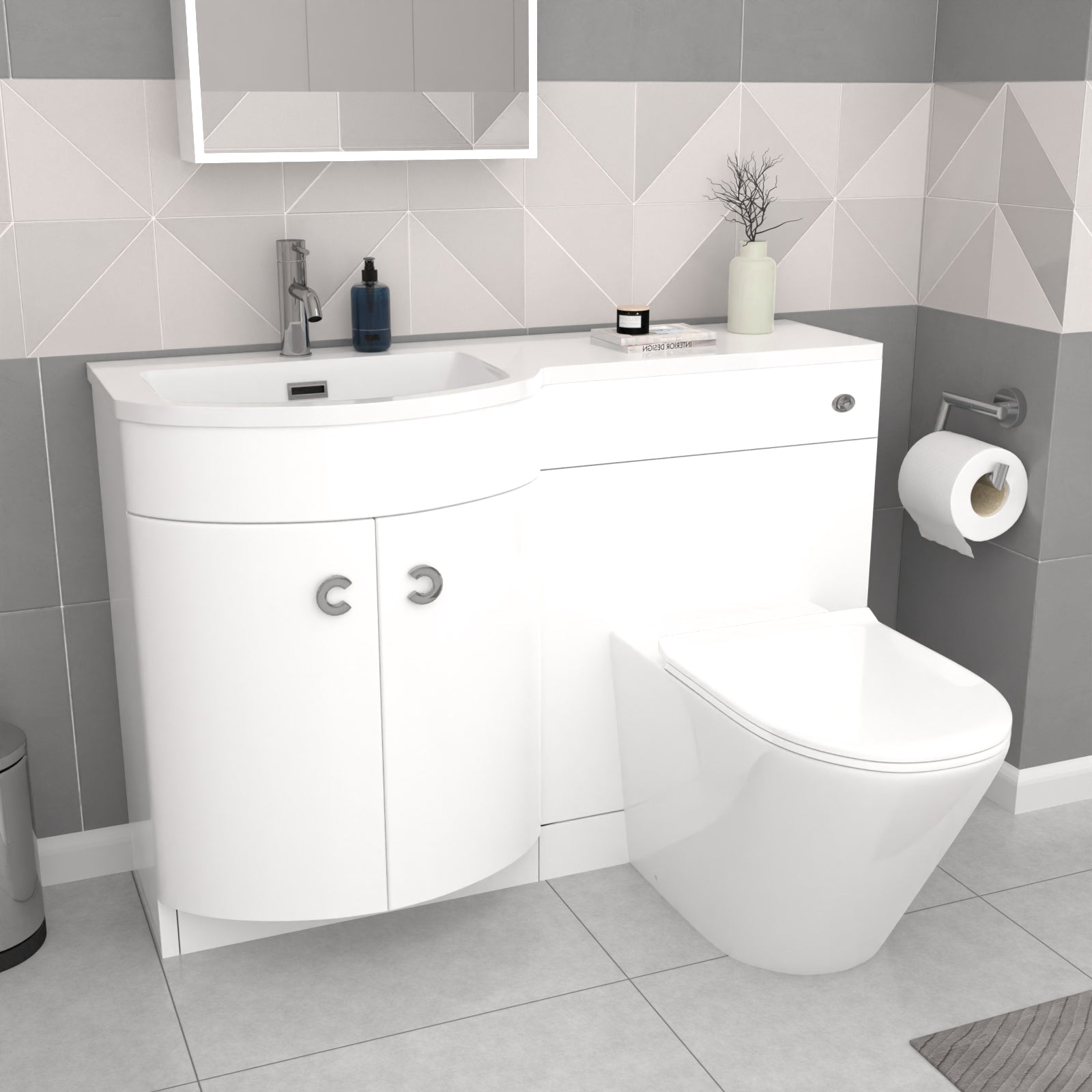 Dene L-Shaped LH Shower Bath White Basin Vanity Unit & Rimless BTW Toilet