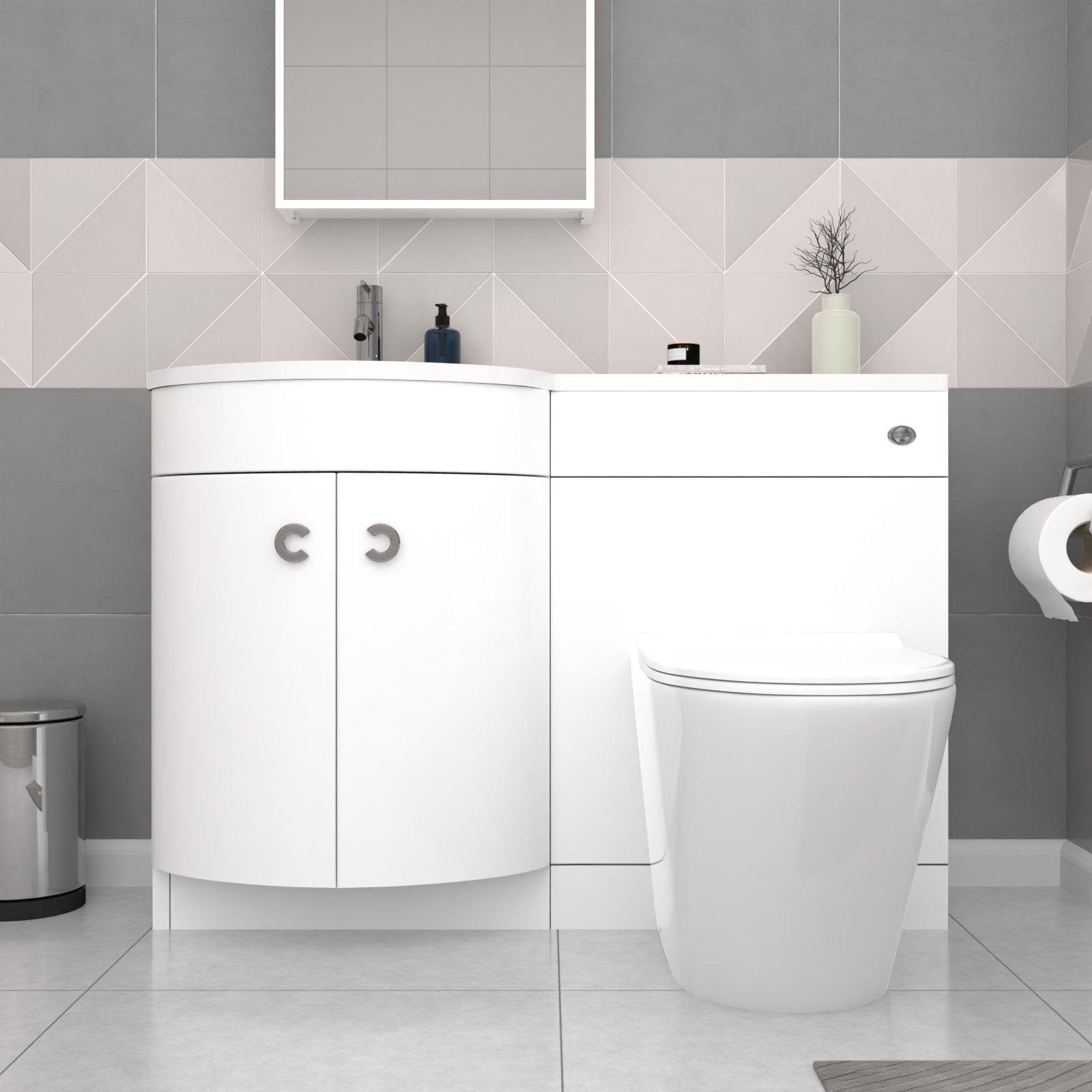 Dene L-Shaped LH Shower Bath White Basin Vanity Unit & Rimless BTW Toilet