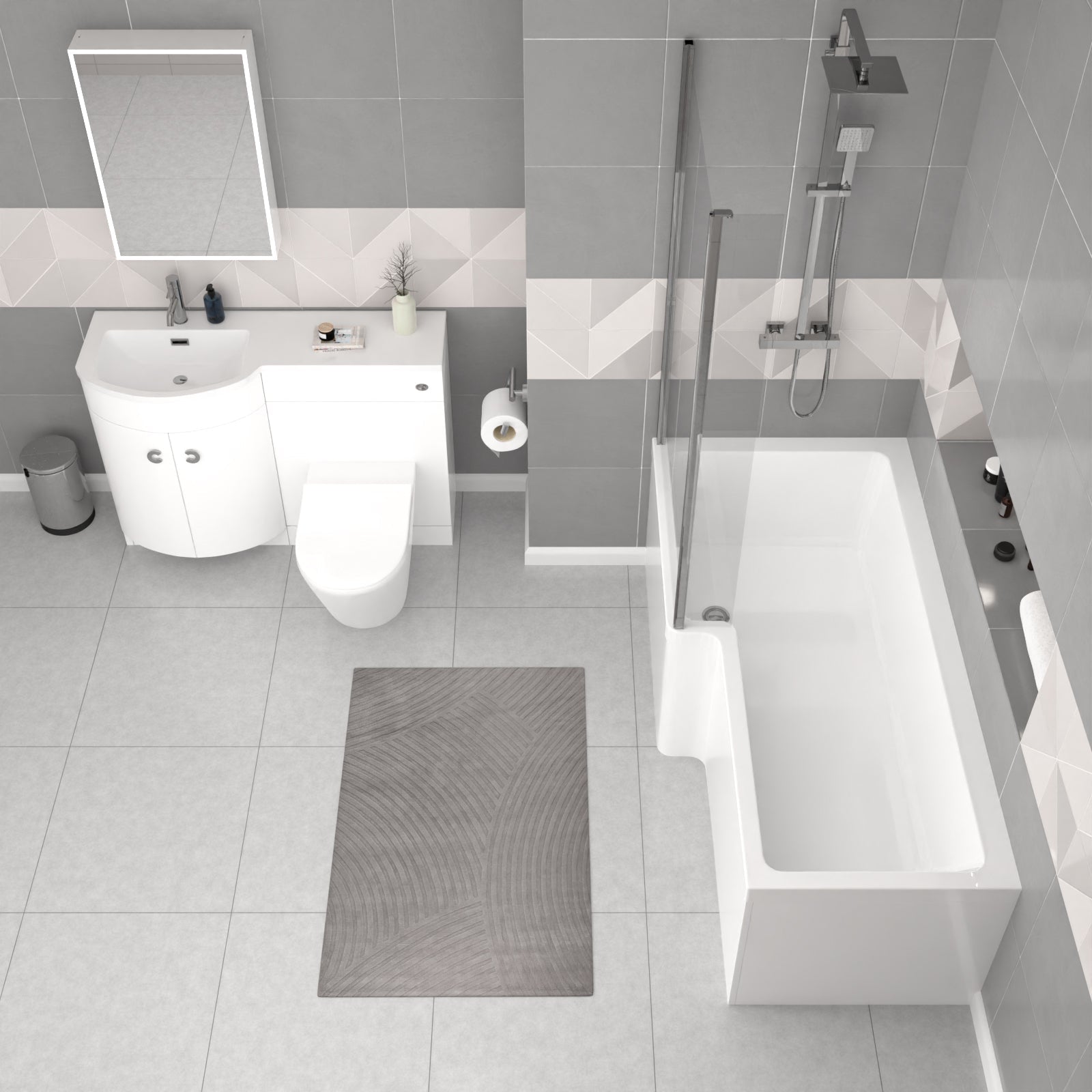 Dene L-Shaped LH Shower Bath White Basin Vanity Unit & Rimless BTW Toilet
