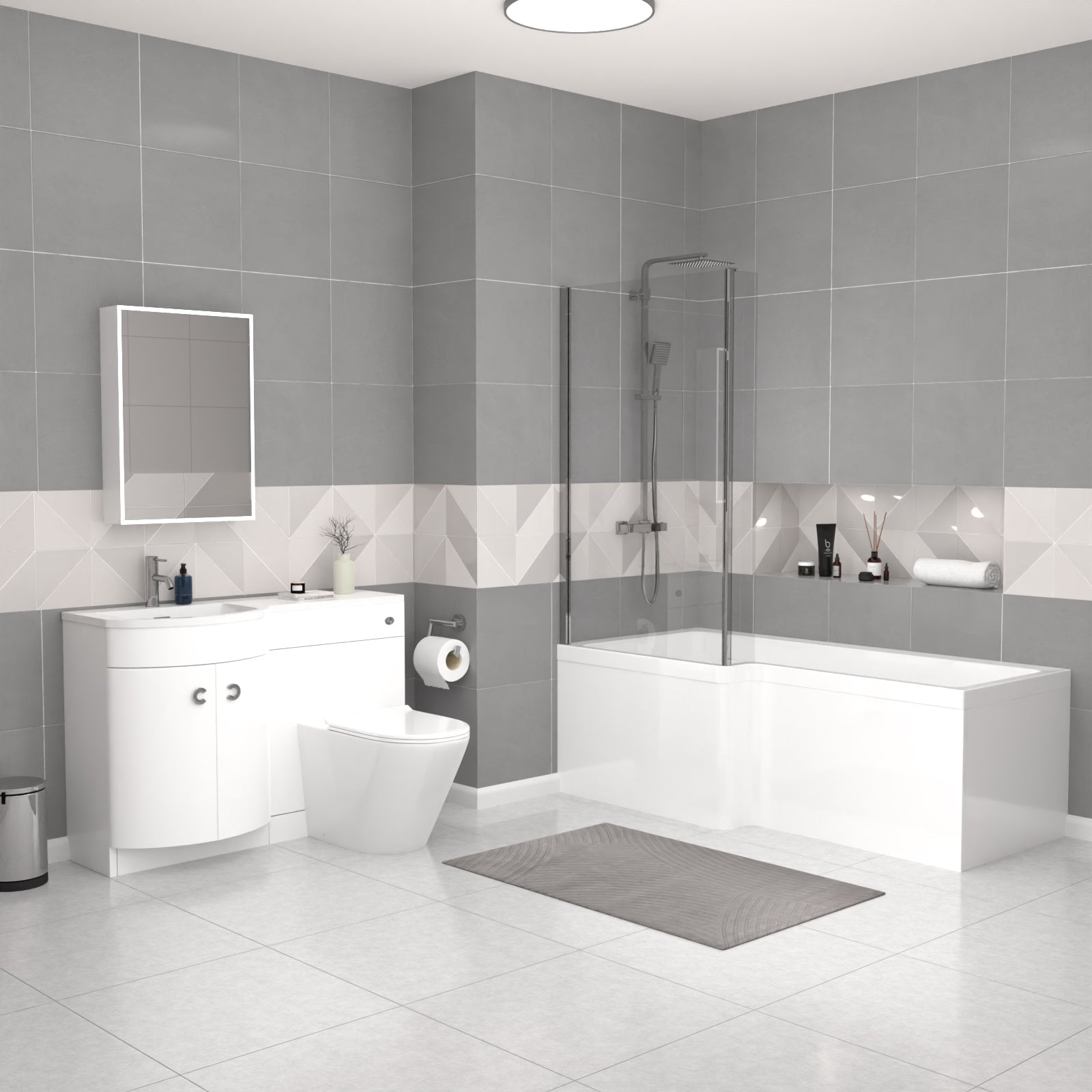 Dene L-Shaped LH Shower Bath White Basin Vanity Unit & Rimless BTW Toilet