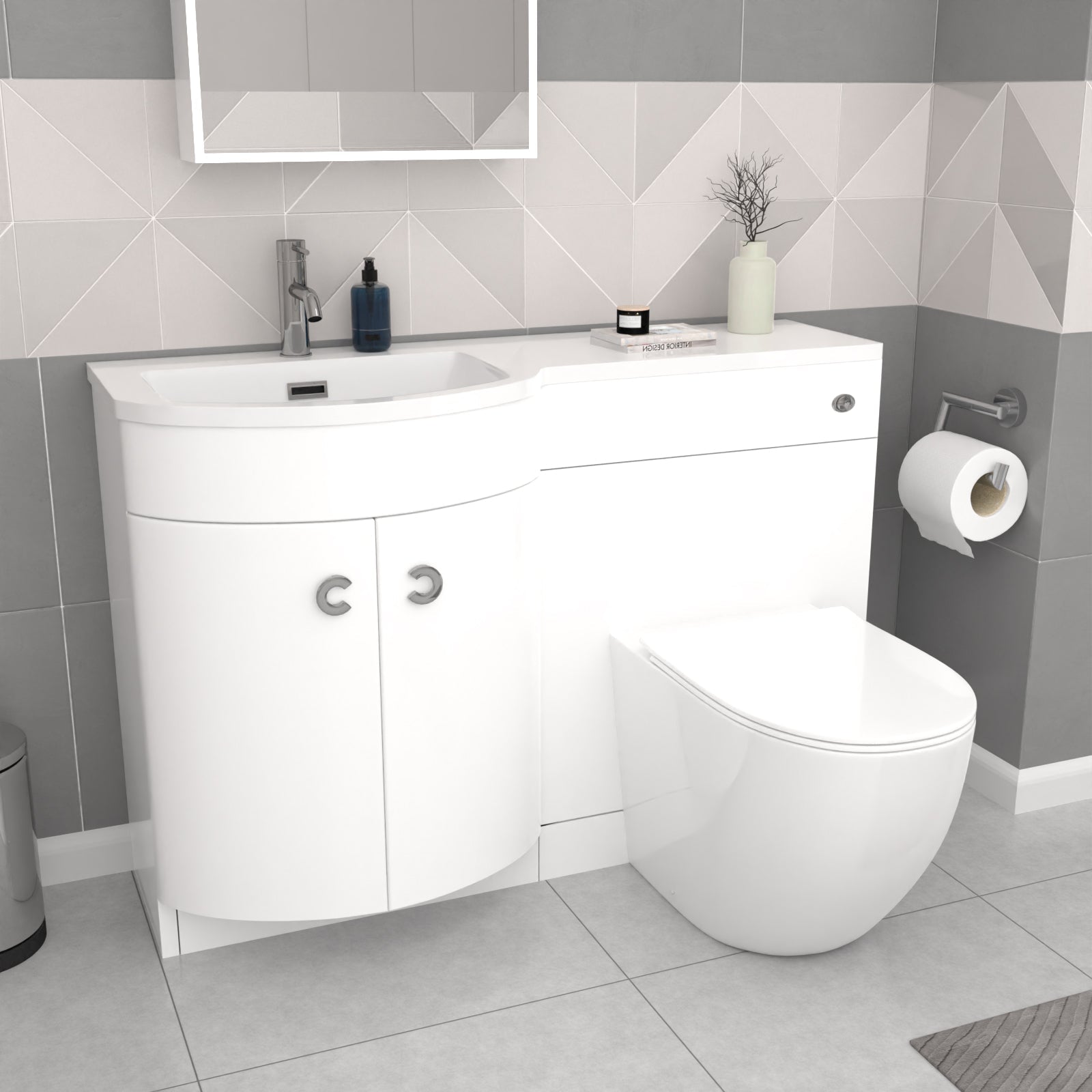 Dene L-Shaped LH 1700mm Shower Bath White Basin Vanity Unit & BTW Rimless Toilet